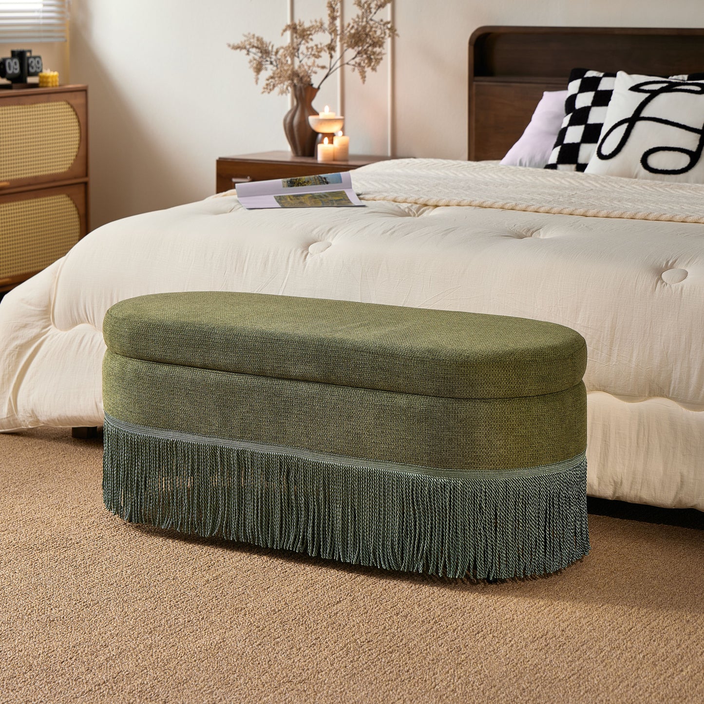 Oval Upholstered Storage Ottoman with Fringe Trim & Lift-Top Lid - 39"L x 16"W x 17"H, Multi-Functional Footrest & Hidden Storage for Living Room or Bedroom - Green Fabric with Metal Frame image 4