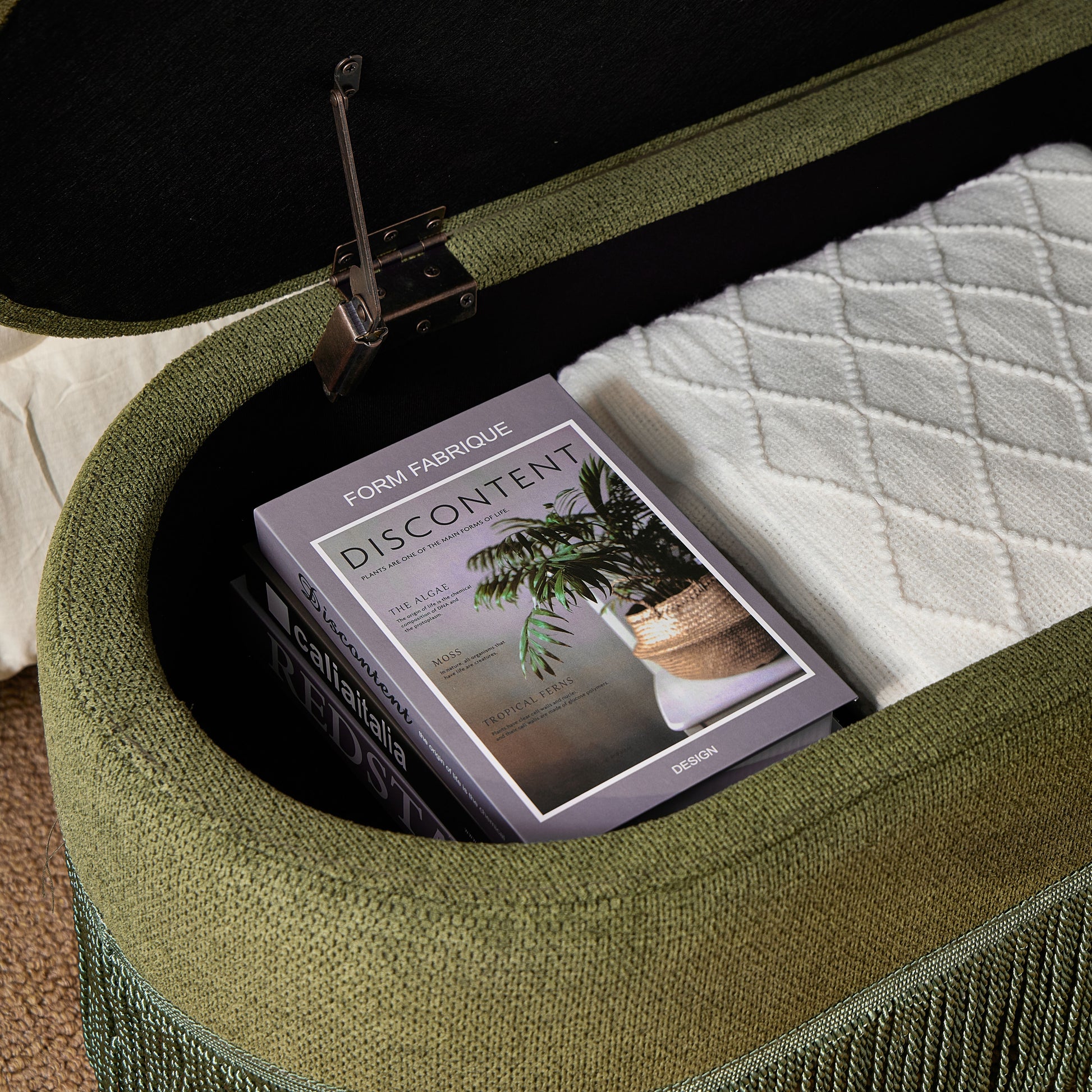 Oval Upholstered Storage Ottoman with Fringe Trim & Lift-Top Lid - 39"L x 16"W x 17"H, Multi-Functional Footrest & Hidden Storage for Living Room or Bedroom - Green Fabric with Metal Frame image 6