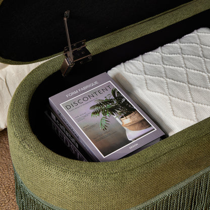 Oval Upholstered Storage Ottoman with Fringe Trim & Lift-Top Lid - 39"L x 16"W x 17"H, Multi-Functional Footrest & Hidden Storage for Living Room or Bedroom - Green Fabric with Metal Frame image 6