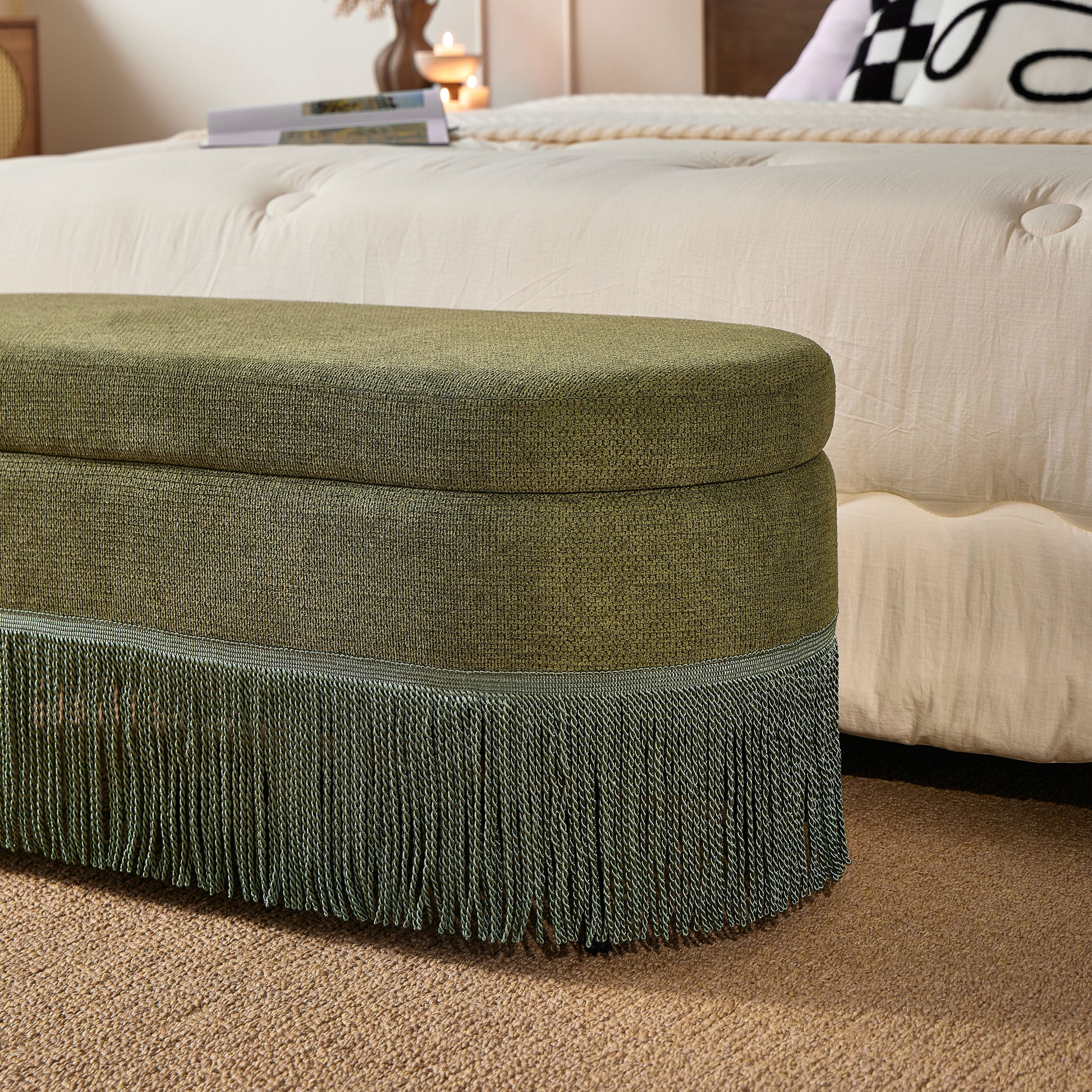 Oval Upholstered Storage Ottoman with Fringe Trim & Lift-Top Lid - 39"L x 16"W x 17"H, Multi-Functional Footrest & Hidden Storage for Living Room or Bedroom - Green Fabric with Metal Frame image 7