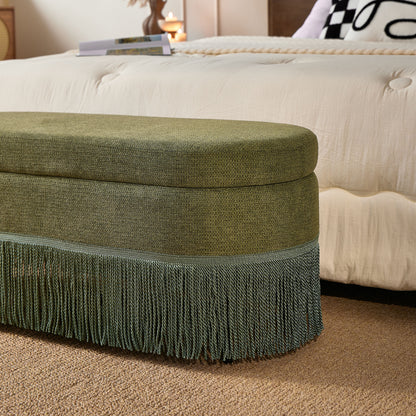 Oval Upholstered Storage Ottoman with Fringe Trim & Lift-Top Lid - 39"L x 16"W x 17"H, Multi-Functional Footrest & Hidden Storage for Living Room or Bedroom - Green Fabric with Metal Frame image 7