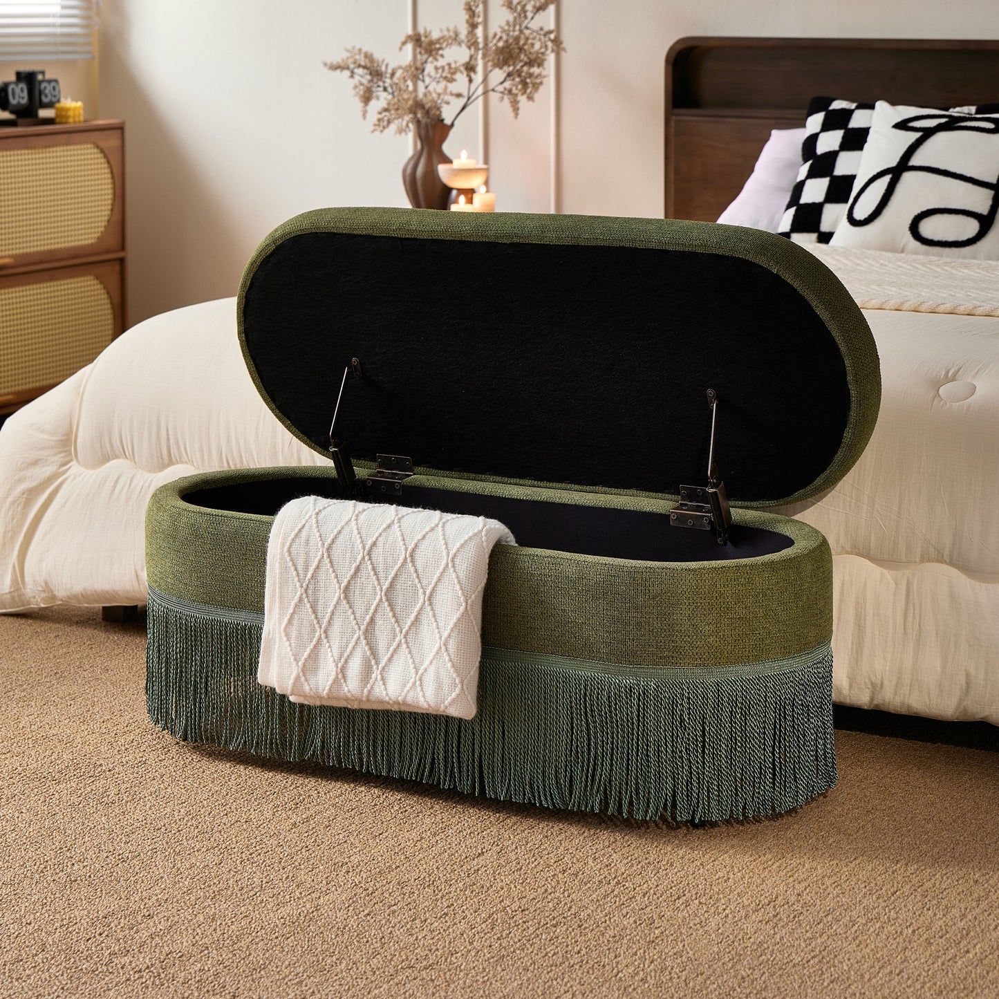 Oval Upholstered Storage Ottoman with Fringe Trim & Lift-Top Lid - 39"L x 16"W x 17"H, Multi-Functional Footrest & Hidden Storage for Living Room or Bedroom - Green Fabric with Metal Frame image 8