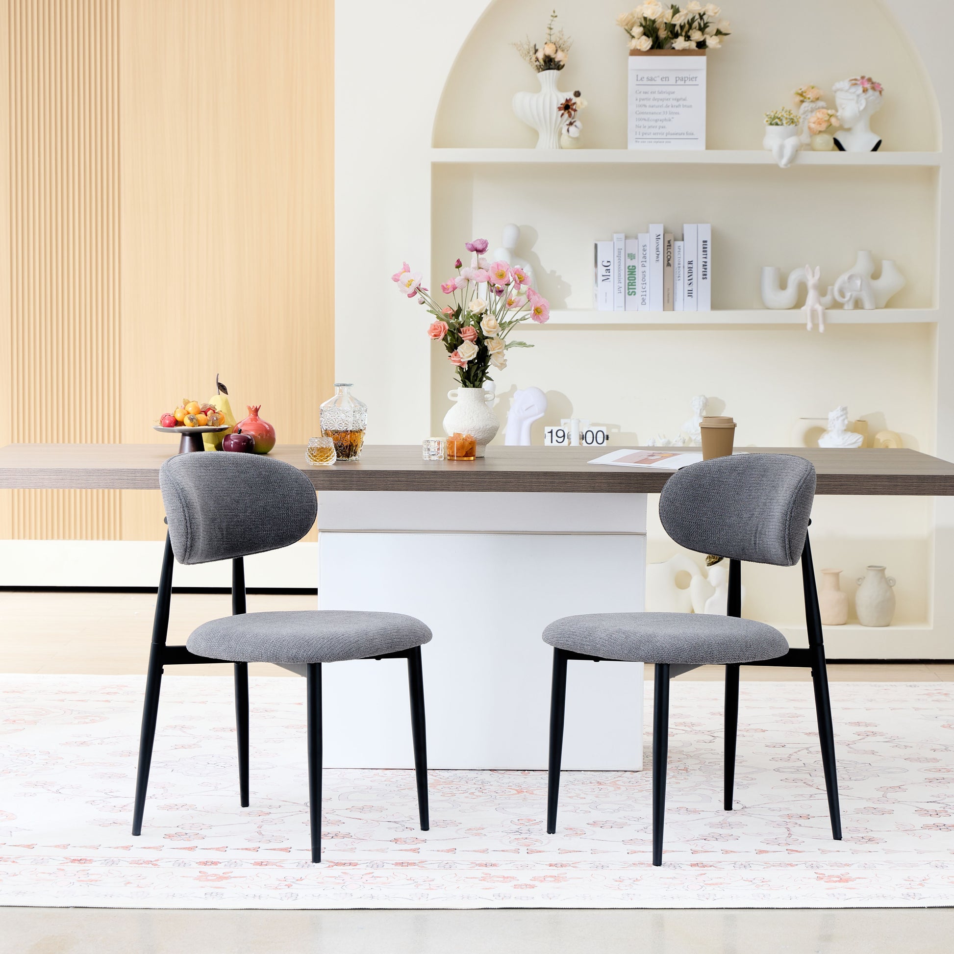 Fabric Dining Chairs, Upholstered Side Chairs with Black Metal Legs, 32.8" H x 19.6" W x 22" D, 19.3" Seat-High, Modern Kitchen Chairs for Dining Room, Living Room-Seat of 2,Black Frame and Grey Seat image 1