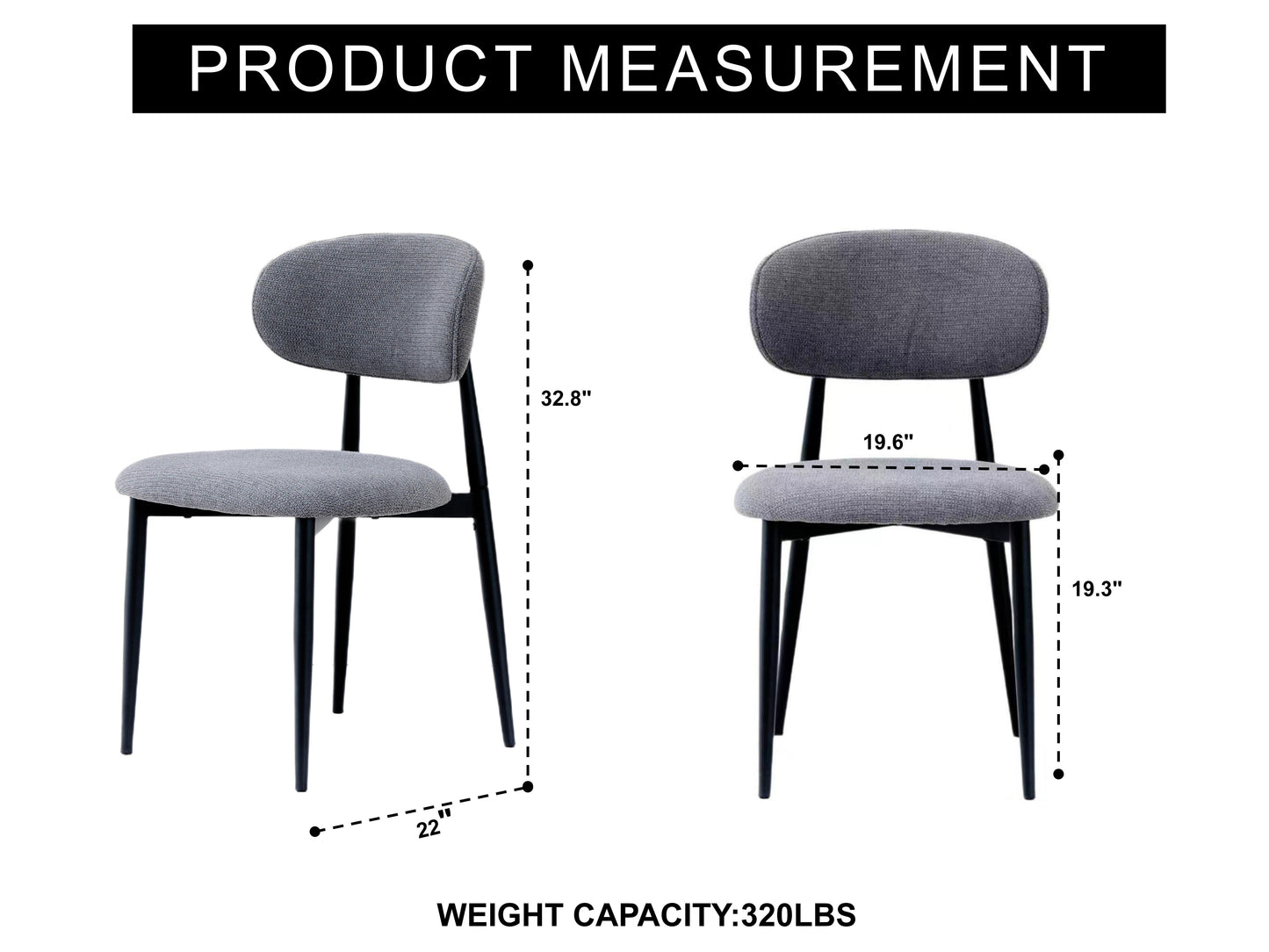 Fabric Dining Chairs, Upholstered Side Chairs with Black Metal Legs, 32.8" H x 19.6" W x 22" D, 19.3" Seat-High, Modern Kitchen Chairs for Dining Room, Living Room-Seat of 2,Black Frame and Grey Seat image 2