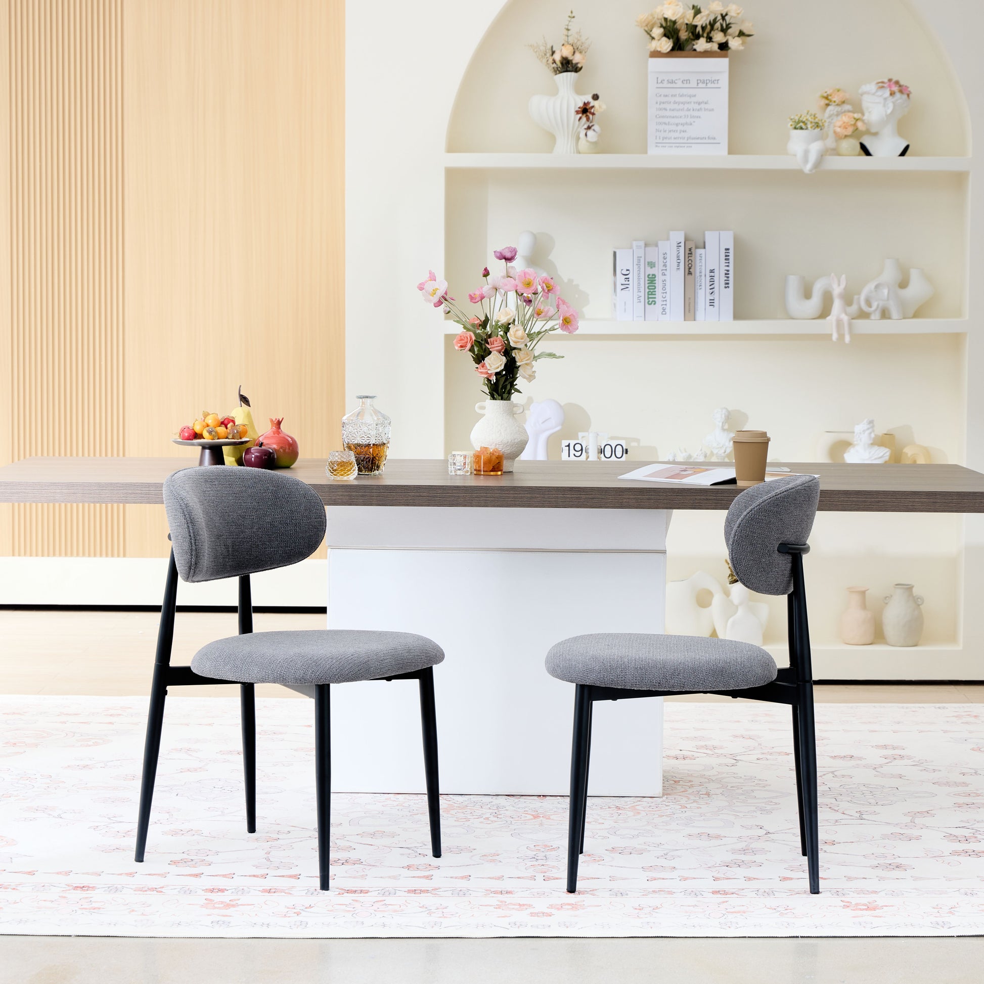 Fabric Dining Chairs, Upholstered Side Chairs with Black Metal Legs, 32.8" H x 19.6" W x 22" D, 19.3" Seat-High, Modern Kitchen Chairs for Dining Room, Living Room-Seat of 2,Black Frame and Grey Seat image 3