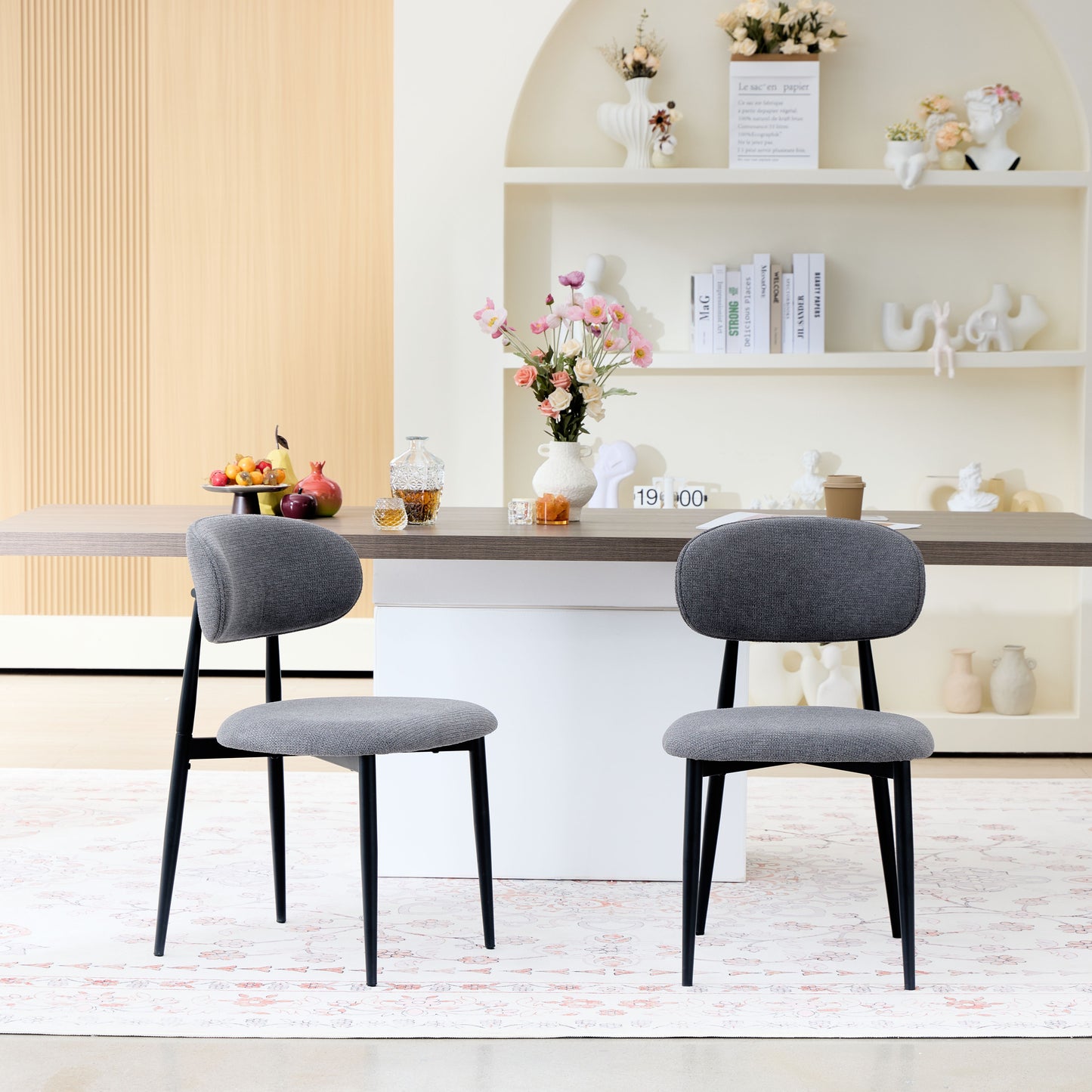 Fabric Dining Chairs, Upholstered Side Chairs with Black Metal Legs, 32.8" H x 19.6" W x 22" D, 19.3" Seat-High, Modern Kitchen Chairs for Dining Room, Living Room-Seat of 2,Black Frame and Grey Seat image 4