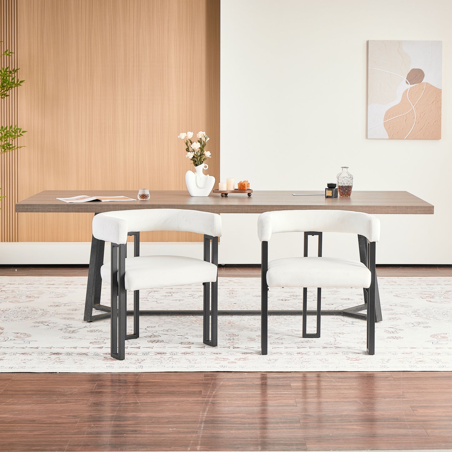 Upholstered Dining Chairs, 25.2×21.3×28.7 Inch, Soft Fabric Cushioned Accent Armchairs, Set of 2, Modern Side Chairs for Dining Room or Living Room-Beige Fabric Black Metal Frame image 3