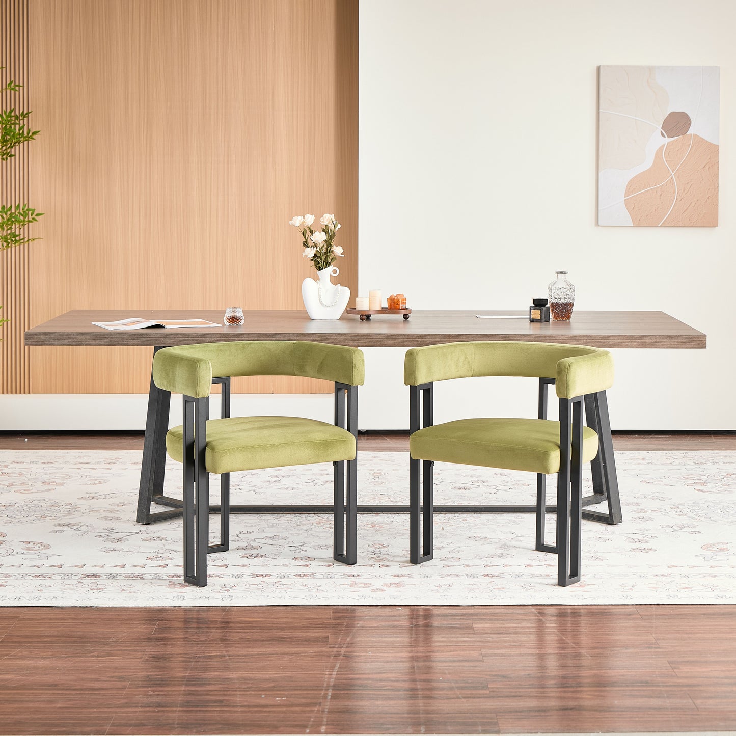 Upholstered Dining Chairs, 25.2×21.3×28.7 Inch, Soft Fabric Cushioned Accent Armchairs, Set of 2, Modern Side Chairs for Dining Room or Living Room-Green Fabric Black Metal Frame image 1