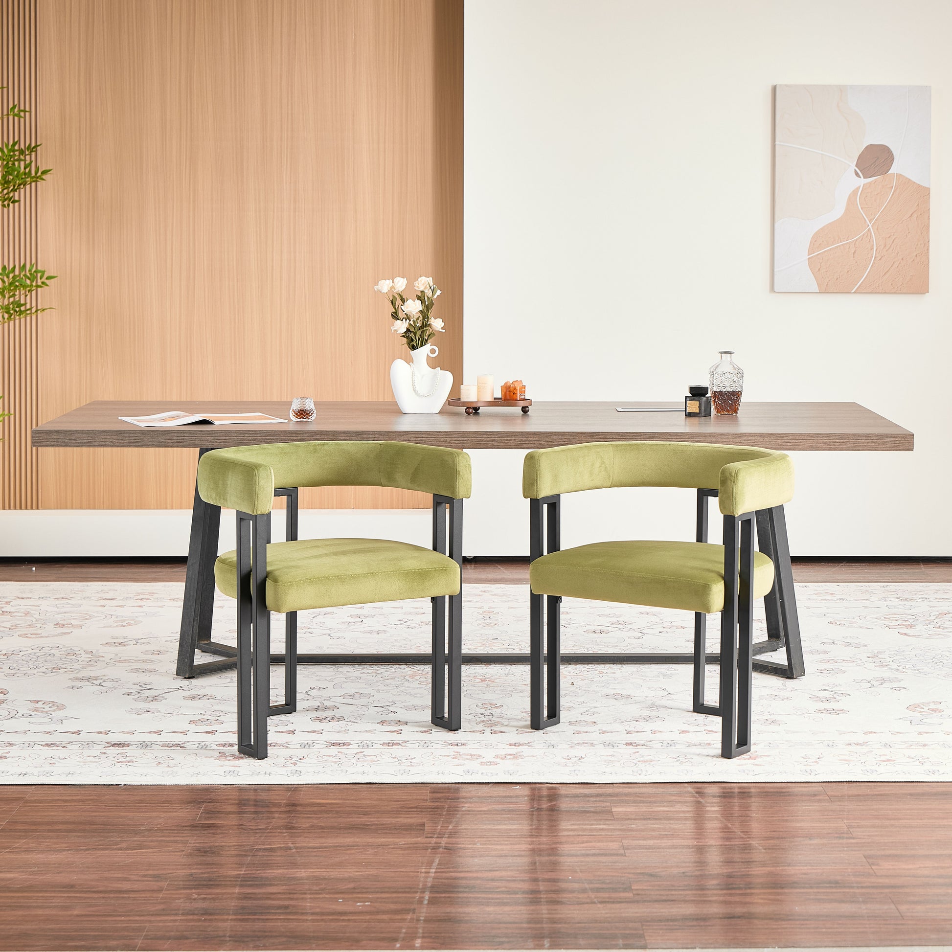 Upholstered Dining Chairs, 25.2×21.3×28.7 Inch, Soft Fabric Cushioned Accent Armchairs, Set of 2, Modern Side Chairs for Dining Room or Living Room-Green Fabric Black Metal Frame image 1