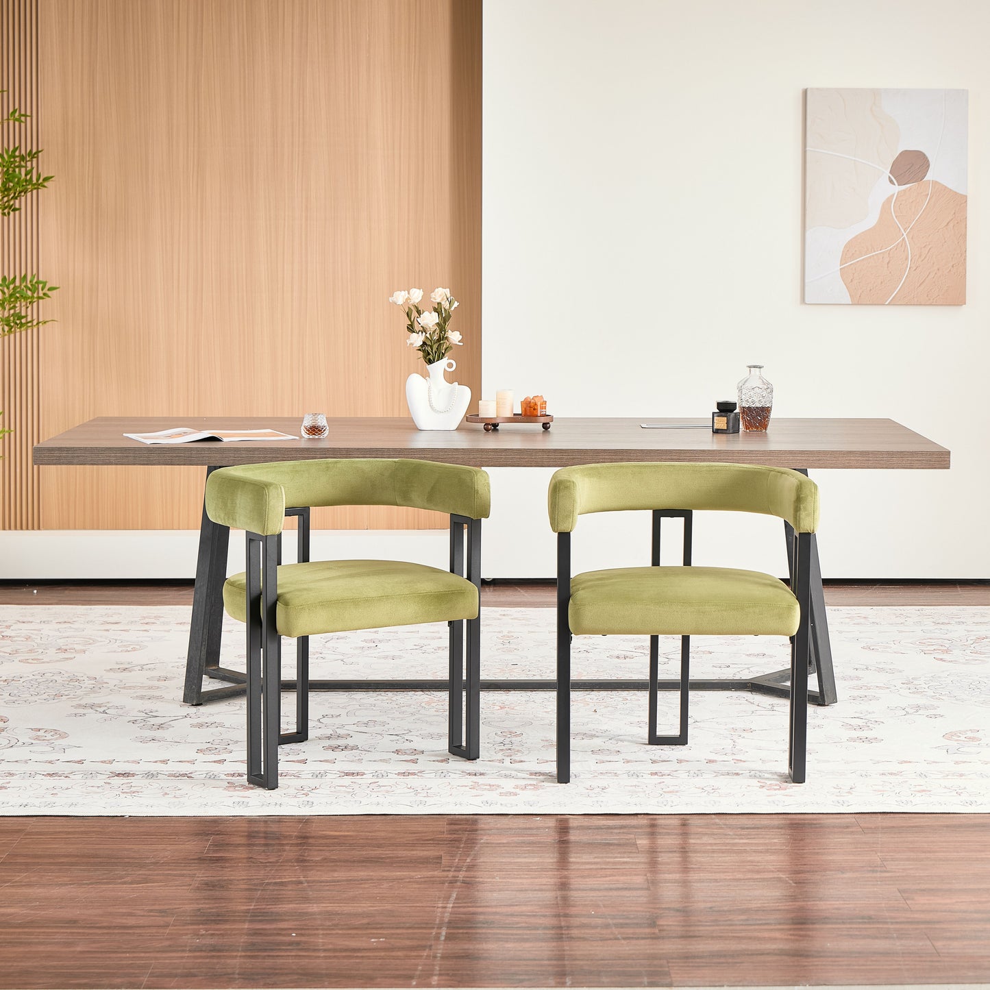 Upholstered Dining Chairs, 25.2×21.3×28.7 Inch, Soft Fabric Cushioned Accent Armchairs, Set of 2, Modern Side Chairs for Dining Room or Living Room-Green Fabric Black Metal Frame image 3