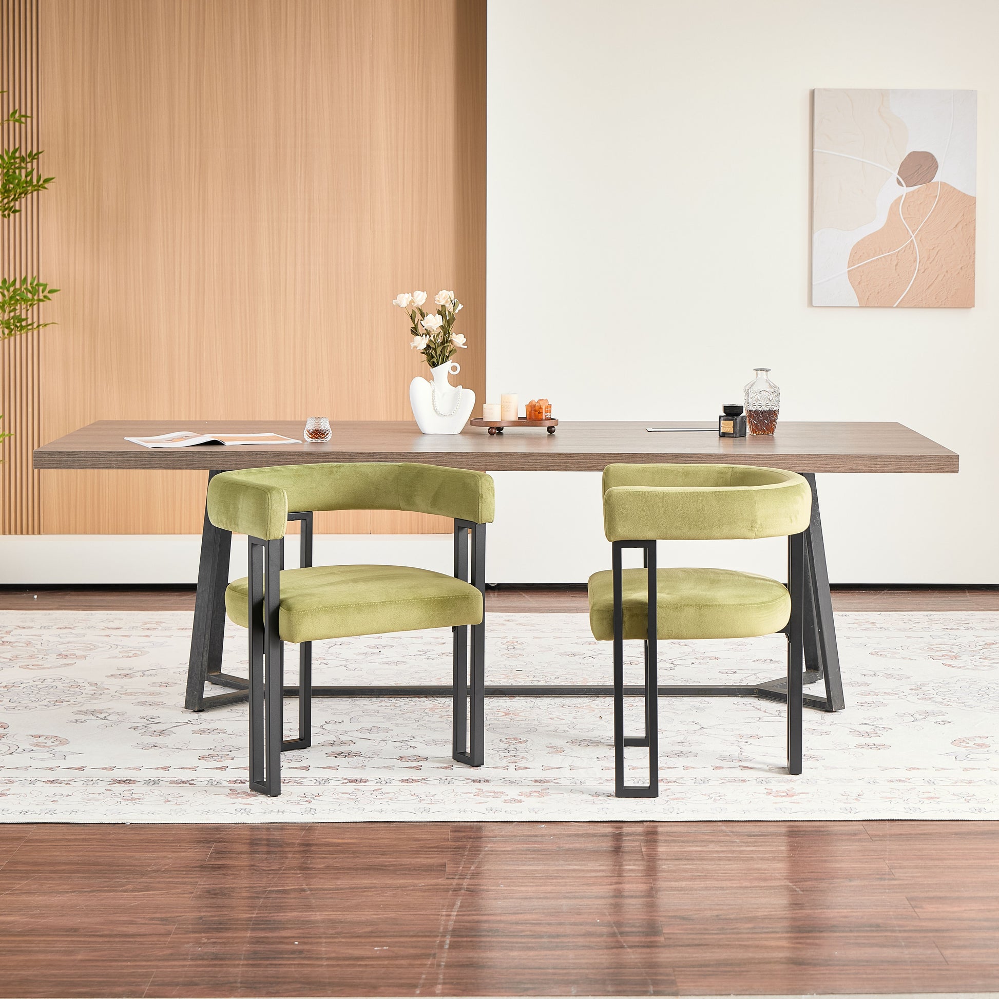 Upholstered Dining Chairs, 25.2×21.3×28.7 Inch, Soft Fabric Cushioned Accent Armchairs, Set of 2, Modern Side Chairs for Dining Room or Living Room-Green Fabric Black Metal Frame image 4