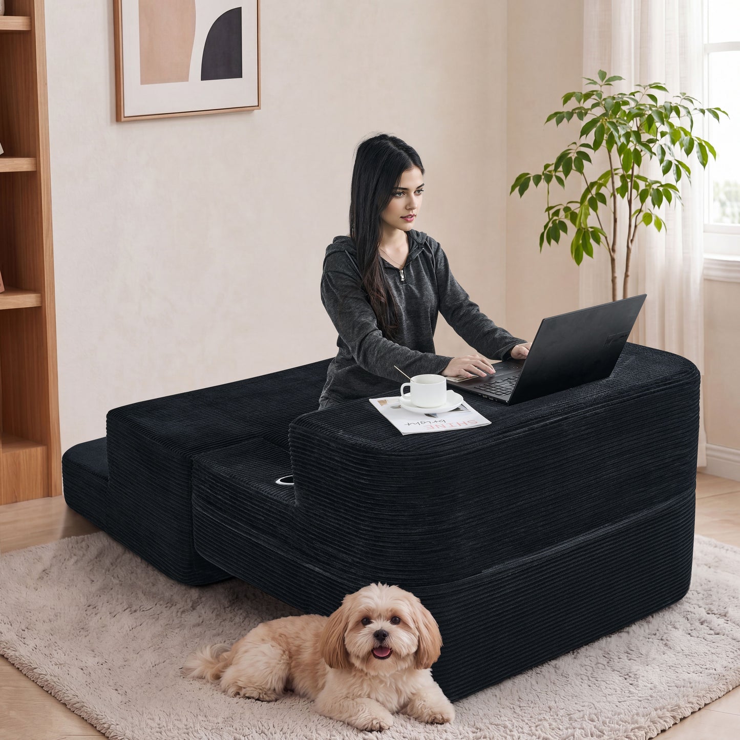 Multi-Functional Single Compression Sofa, Convertible into Computer Desk & Simple Office Desk, Corduroy Upholstery, Comfortable Seating, Ideal for Office Workers image 2
