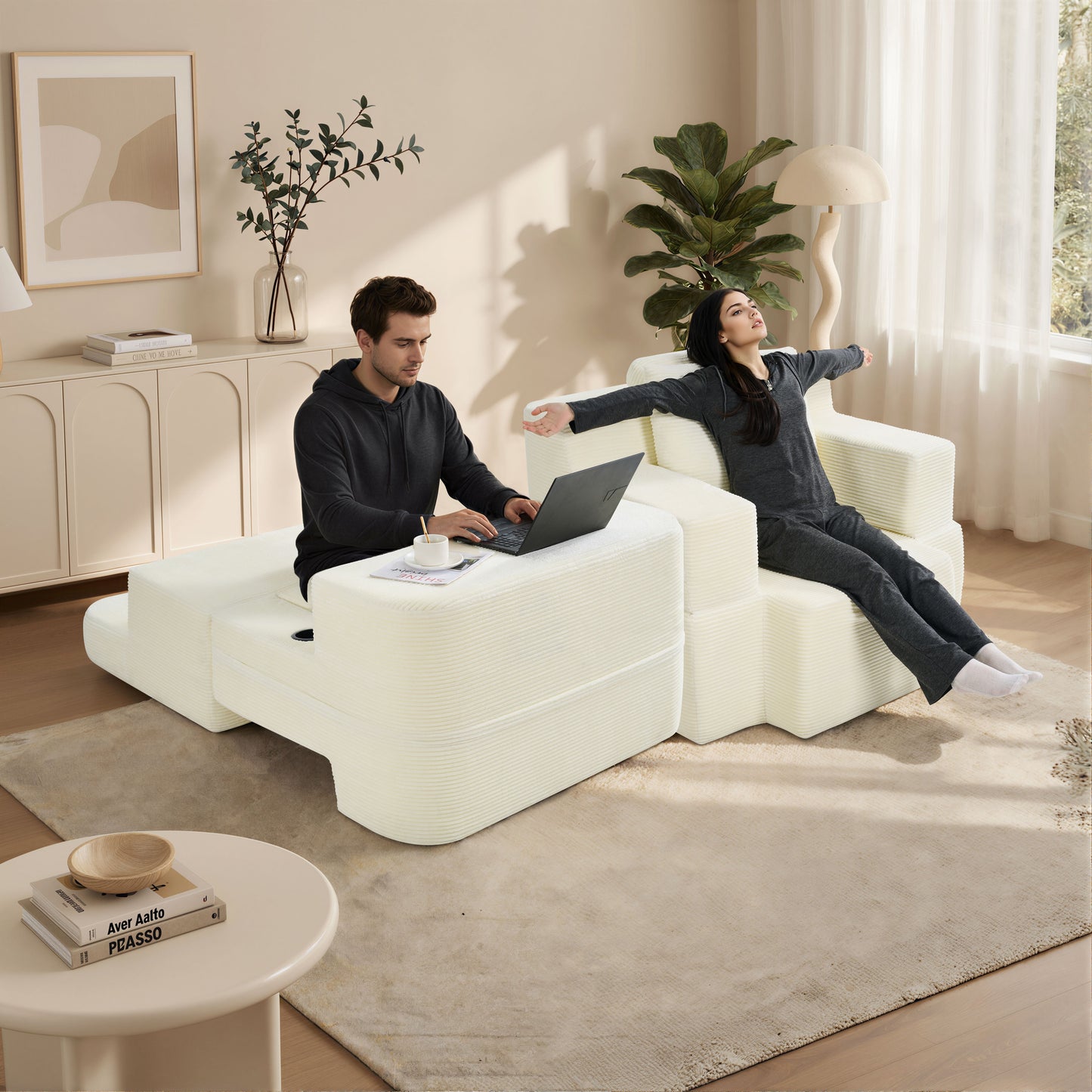 Multi-Functional Single Compression Sofa, Convertible into Computer Desk & Simple Office Desk, Corduroy Upholstery, Comfortable Seating, Ideal for Office Workers image 1
