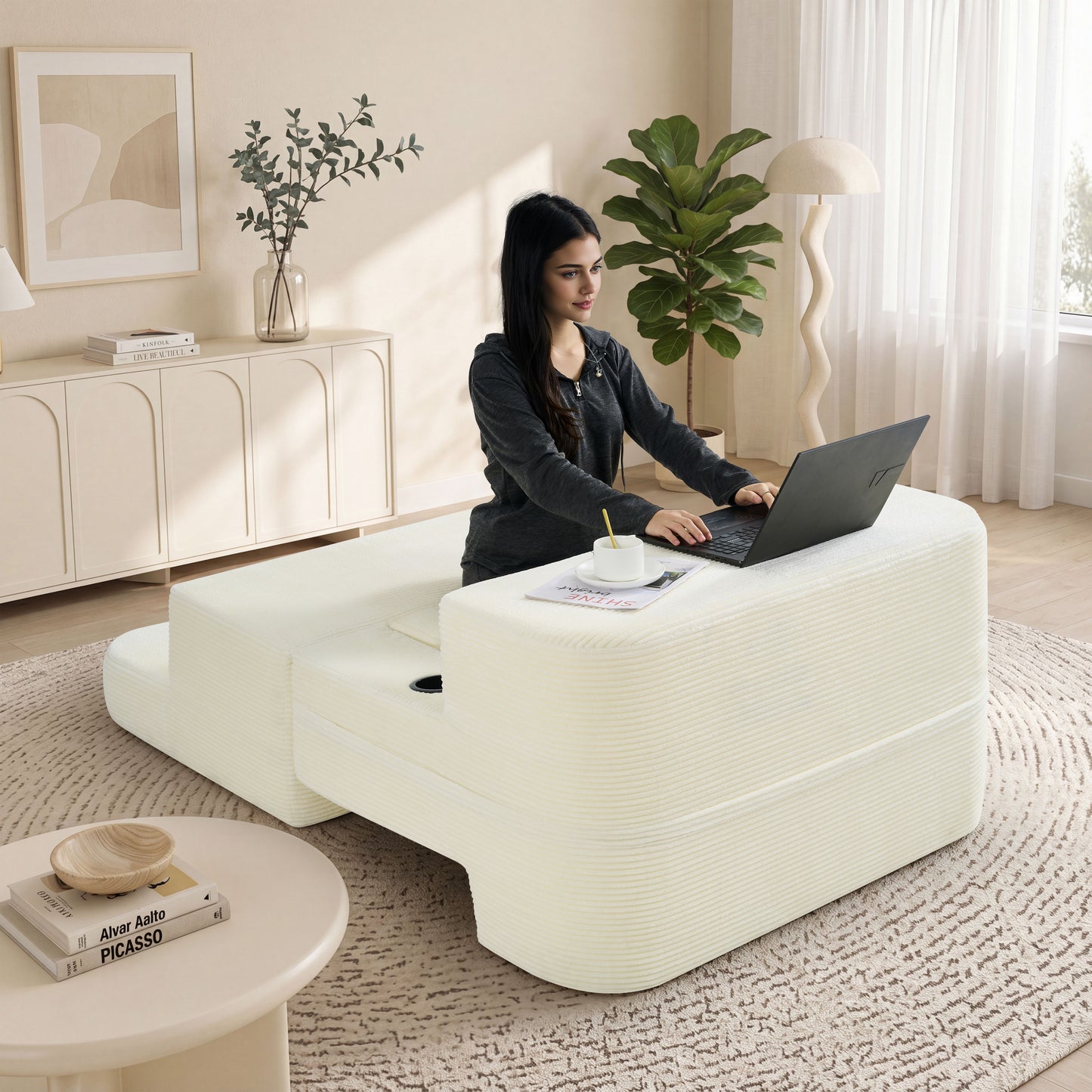 Multi-Functional Single Compression Sofa, Convertible into Computer Desk & Simple Office Desk, Corduroy Upholstery, Comfortable Seating, Ideal for Office Workers image 2