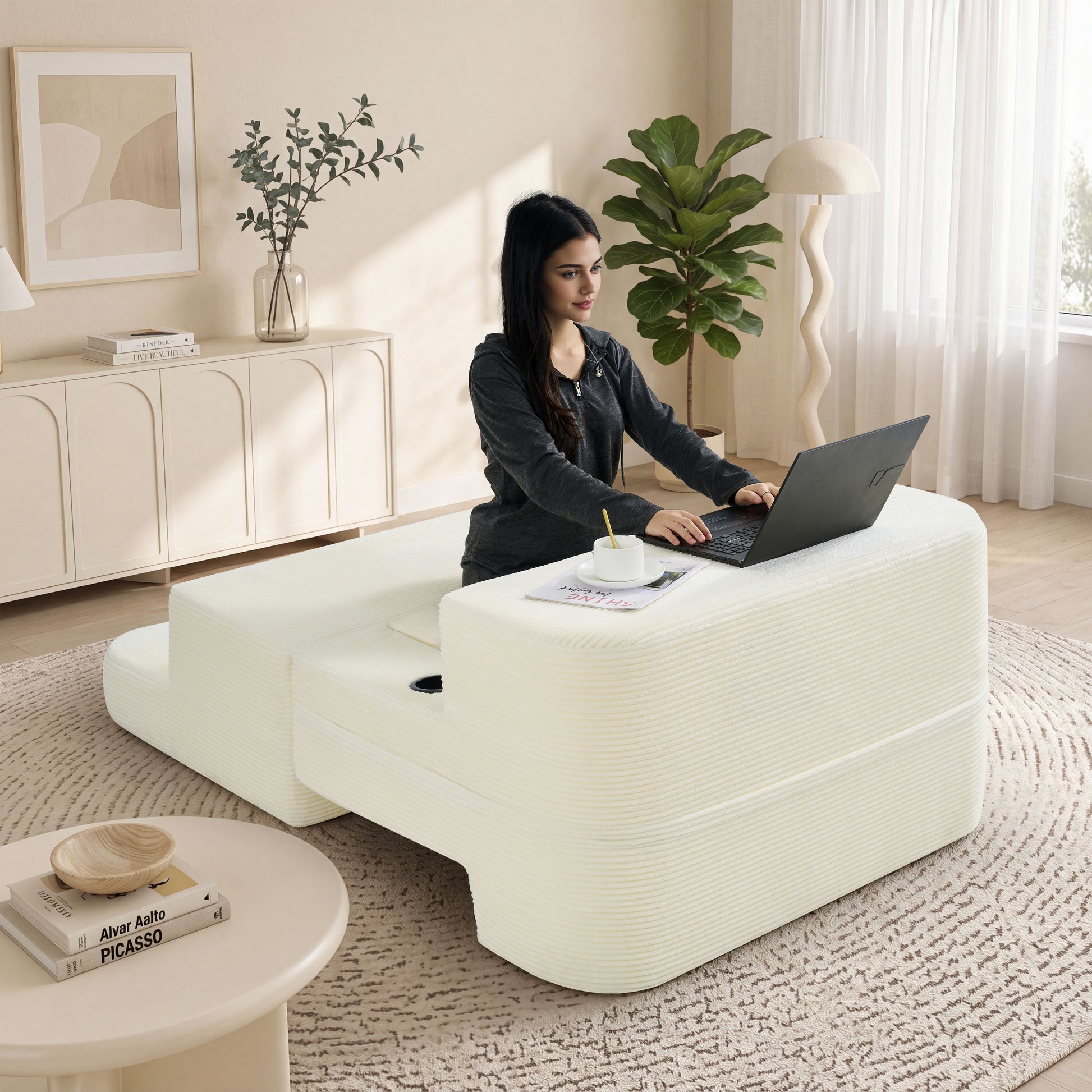 Multi-Functional Single Compression Sofa, Convertible into Computer Desk & Simple Office Desk, Corduroy Upholstery, Comfortable Seating, Ideal for Office Workers image 2