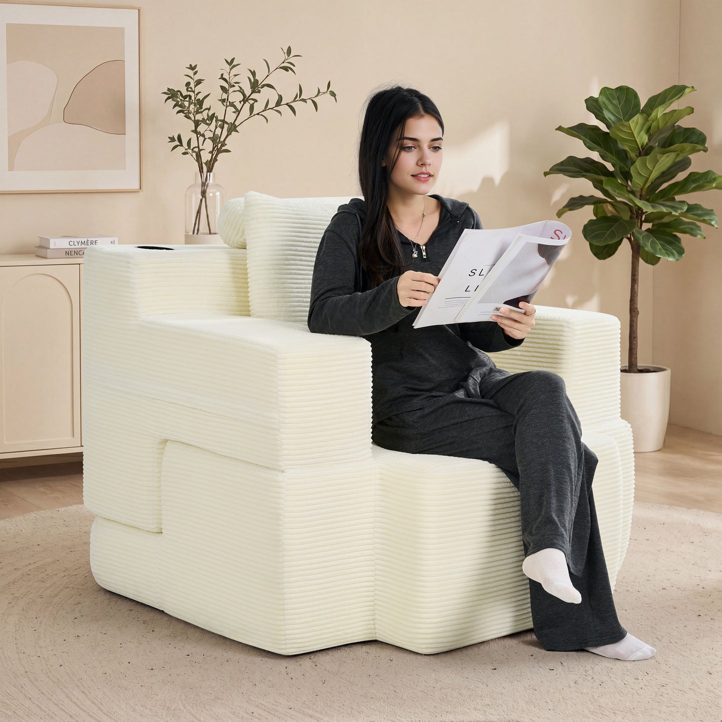 Multi-Functional Single Compression Sofa, Convertible into Computer Desk & Simple Office Desk, Corduroy Upholstery, Comfortable Seating, Ideal for Office Workers image 3