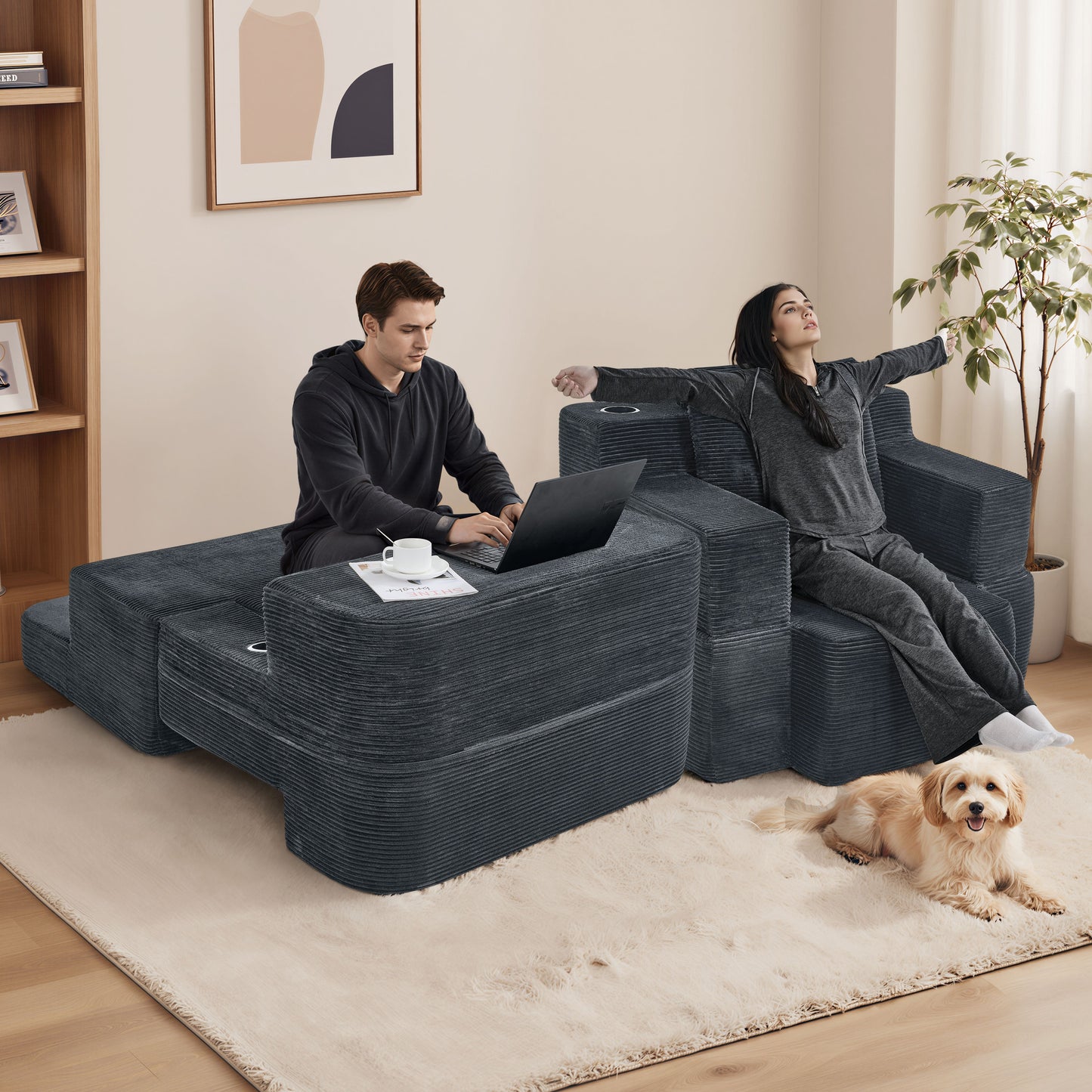 Multi-Functional Single Compression Sofa, Convertible into Computer Desk & Simple Office Desk, Corduroy Upholstery, Comfortable Seating, Ideal for Office Workers image 1