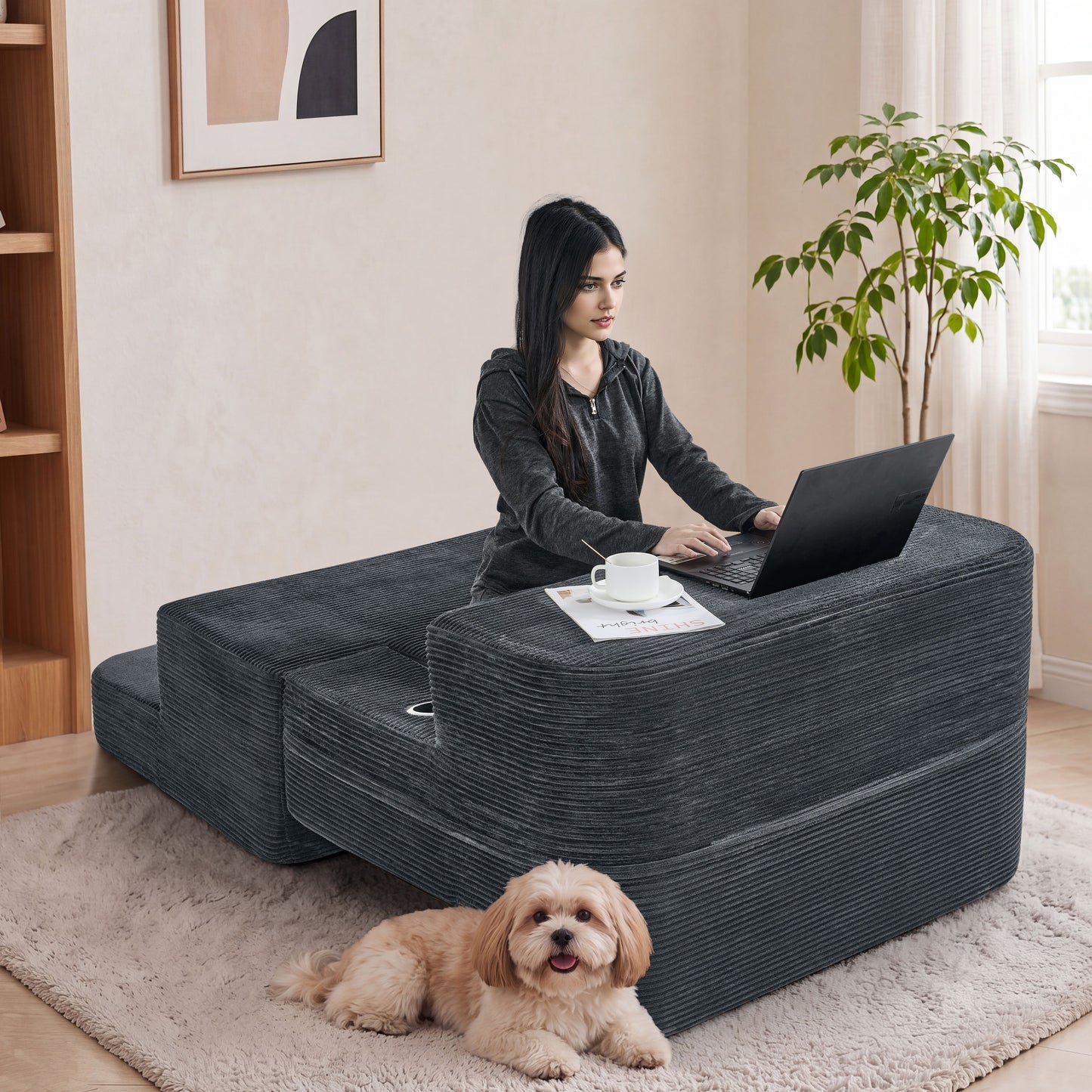 Multi-Functional Single Compression Sofa, Convertible into Computer Desk & Simple Office Desk, Corduroy Upholstery, Comfortable Seating, Ideal for Office Workers image 2