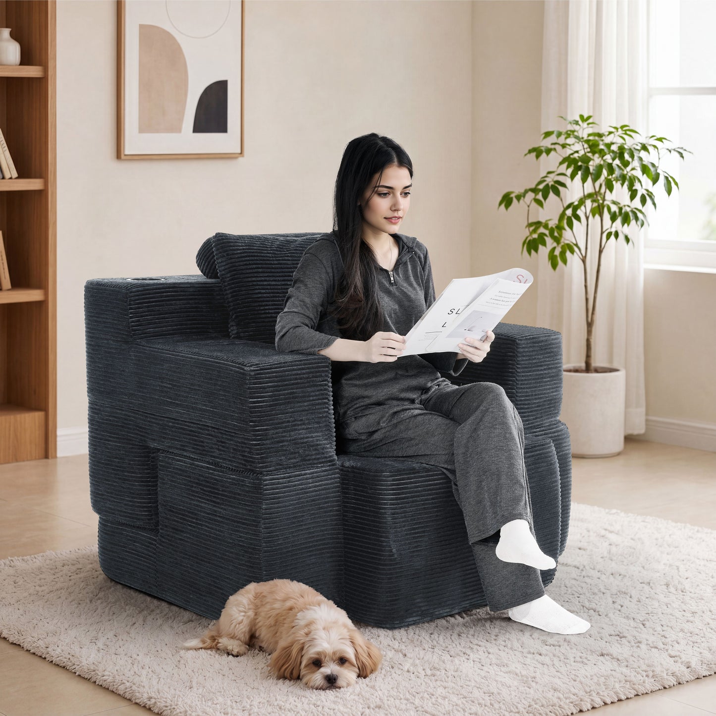 Multi-Functional Single Compression Sofa, Convertible into Computer Desk & Simple Office Desk, Corduroy Upholstery, Comfortable Seating, Ideal for Office Workers image 5