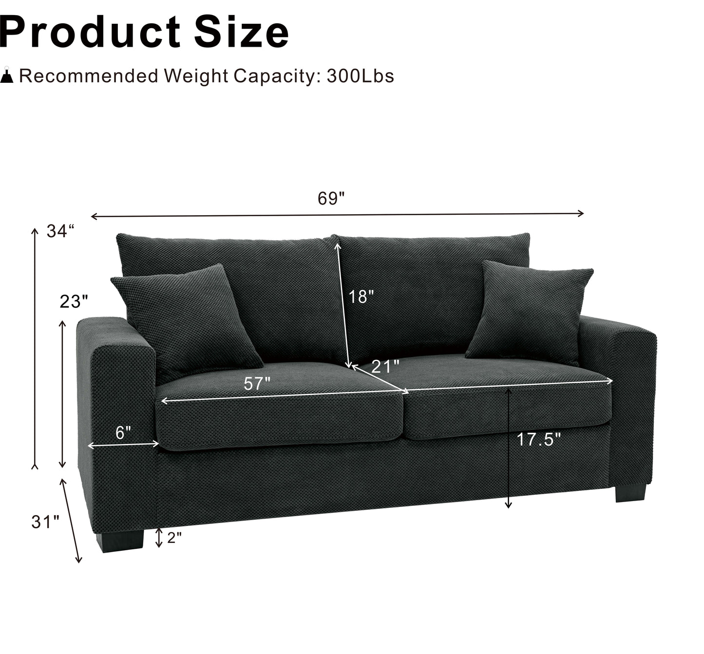 69-inch two-seater Sofa with Textured Fabric, Comfortable Upholstered Couch with 2 Throw Pillows and Sturdy Plastic Legs for Living Room, Apartment, Office, Dark Grey image 5