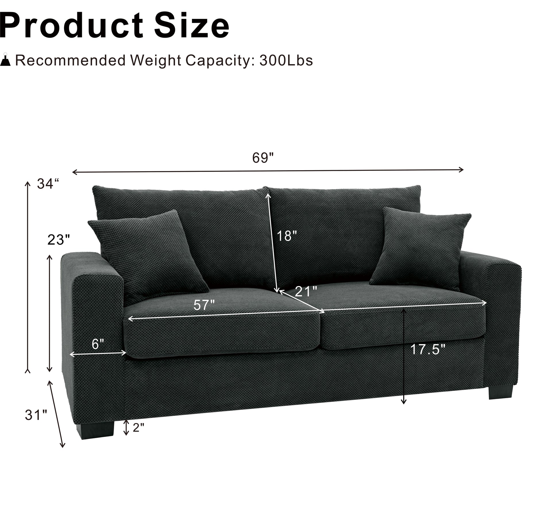 69-inch two-seater Sofa with Textured Fabric, Comfortable Upholstered Couch with 2 Throw Pillows and Sturdy Plastic Legs for Living Room, Apartment, Office, Dark Grey image 5