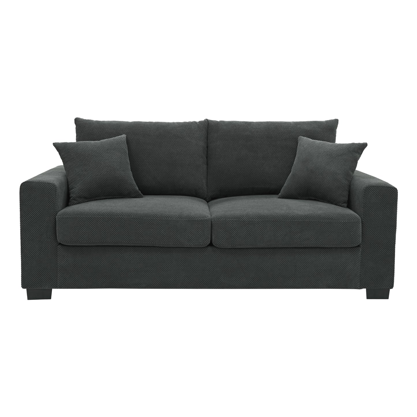 69-inch two-seater Sofa with Textured Fabric, Comfortable Upholstered Couch with 2 Throw Pillows and Sturdy Plastic Legs for Living Room, Apartment, Office, Dark Grey image 6