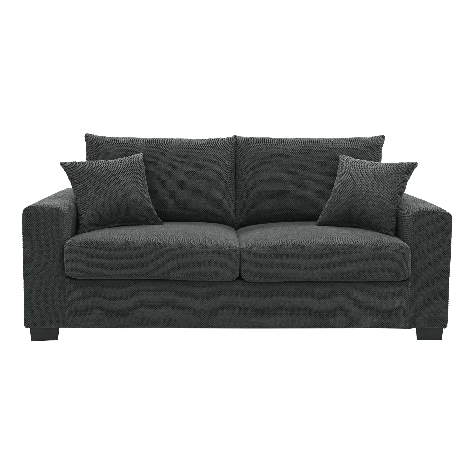 69-inch two-seater Sofa with Textured Fabric, Comfortable Upholstered Couch with 2 Throw Pillows and Sturdy Plastic Legs for Living Room, Apartment, Office, Dark Grey image 6
