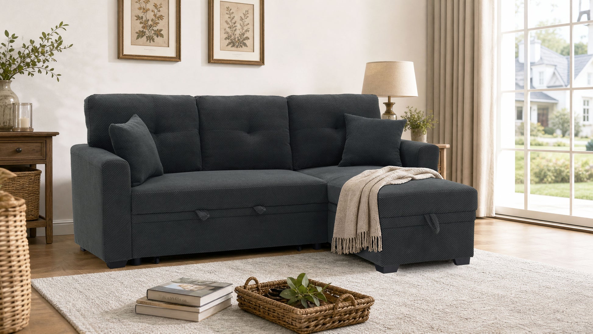 Sleeper Sofa, Sectional with Pull-Out Bed, Reversible Chaise, Storage Sectional, Dark Gray breathable fabric, Small Space Solution, Convertible Sofa Bed, Living Room Furniture, L-Shaped Sofa image 1
