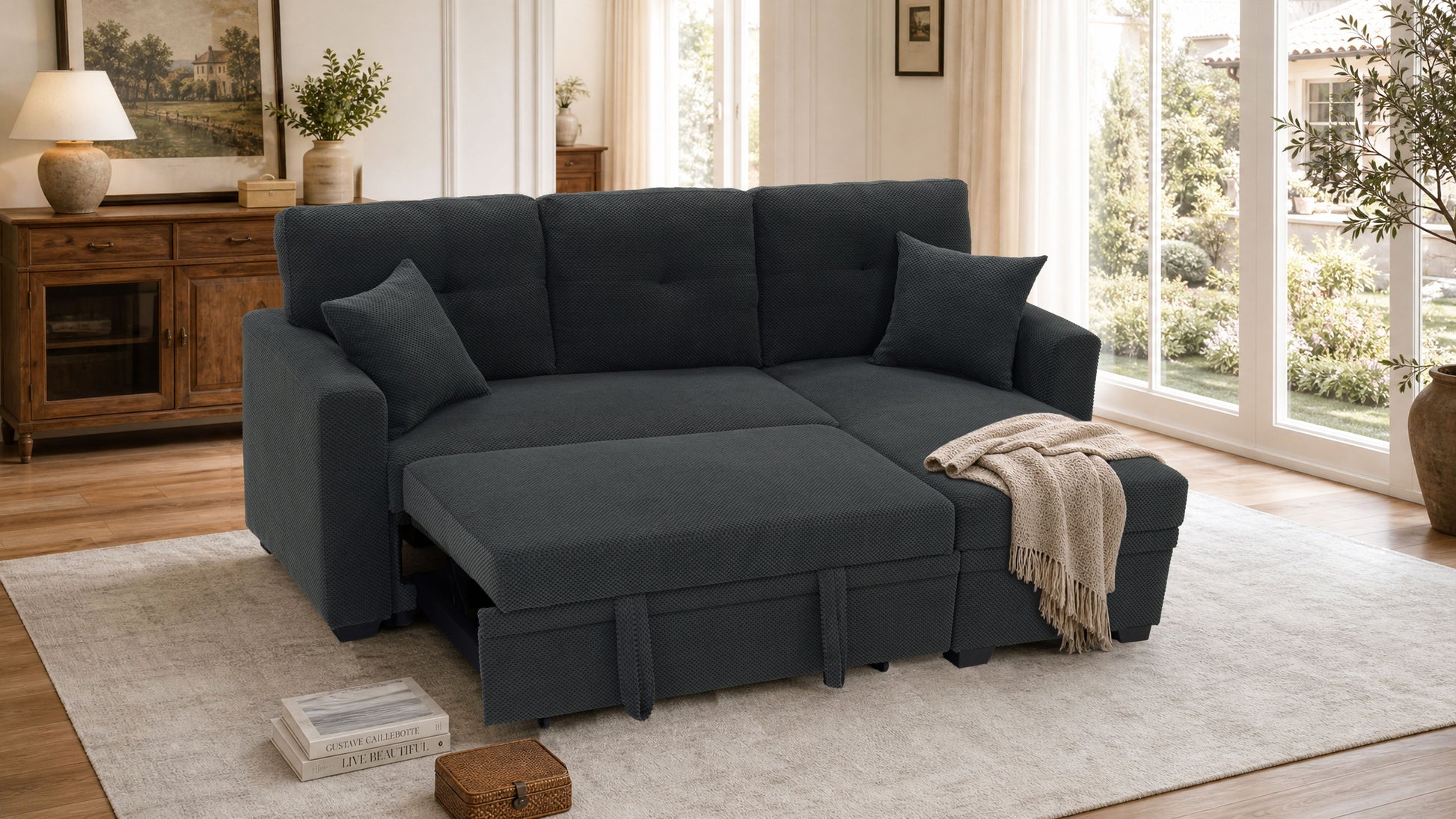 Sleeper Sofa, Sectional with Pull-Out Bed, Reversible Chaise, Storage Sectional, Dark Gray breathable fabric, Small Space Solution, Convertible Sofa Bed, Living Room Furniture, L-Shaped Sofa image 4