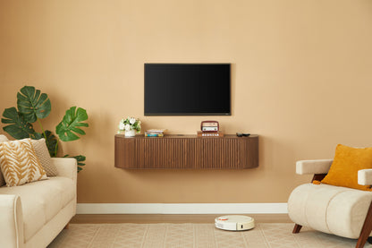 55" Wall Mounted Floating TV Cabinet with Fluted Doors, Large Capacity Media Console with Cable Management Holes for Living Room Bedroom, Compatible with Various Home Styles,Walnut image 4