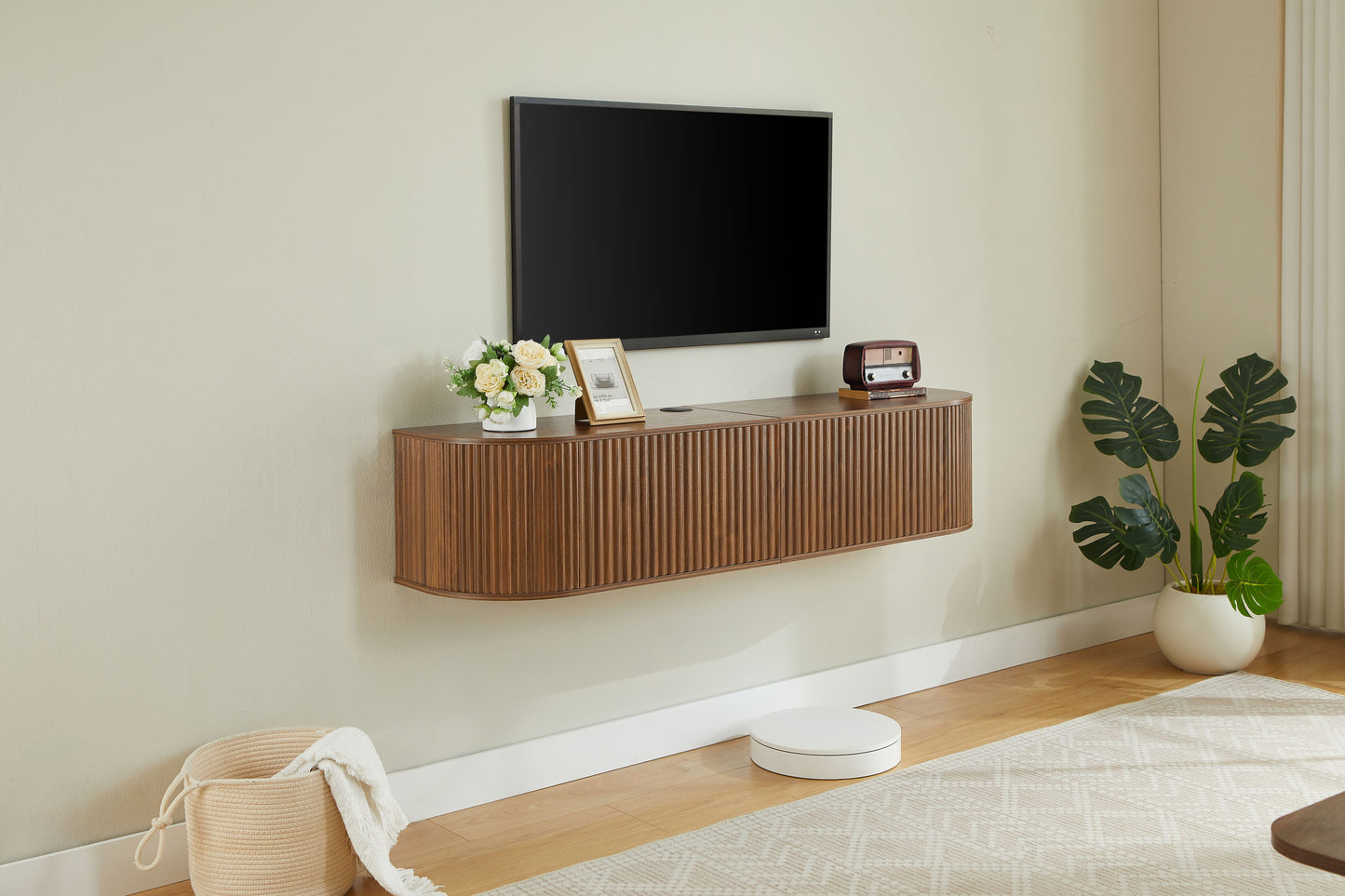 55" Wall Mounted Floating TV Cabinet with Fluted Doors, Large Capacity Media Console with Cable Management Holes for Living Room Bedroom, Compatible with Various Home Styles,Walnut image 9