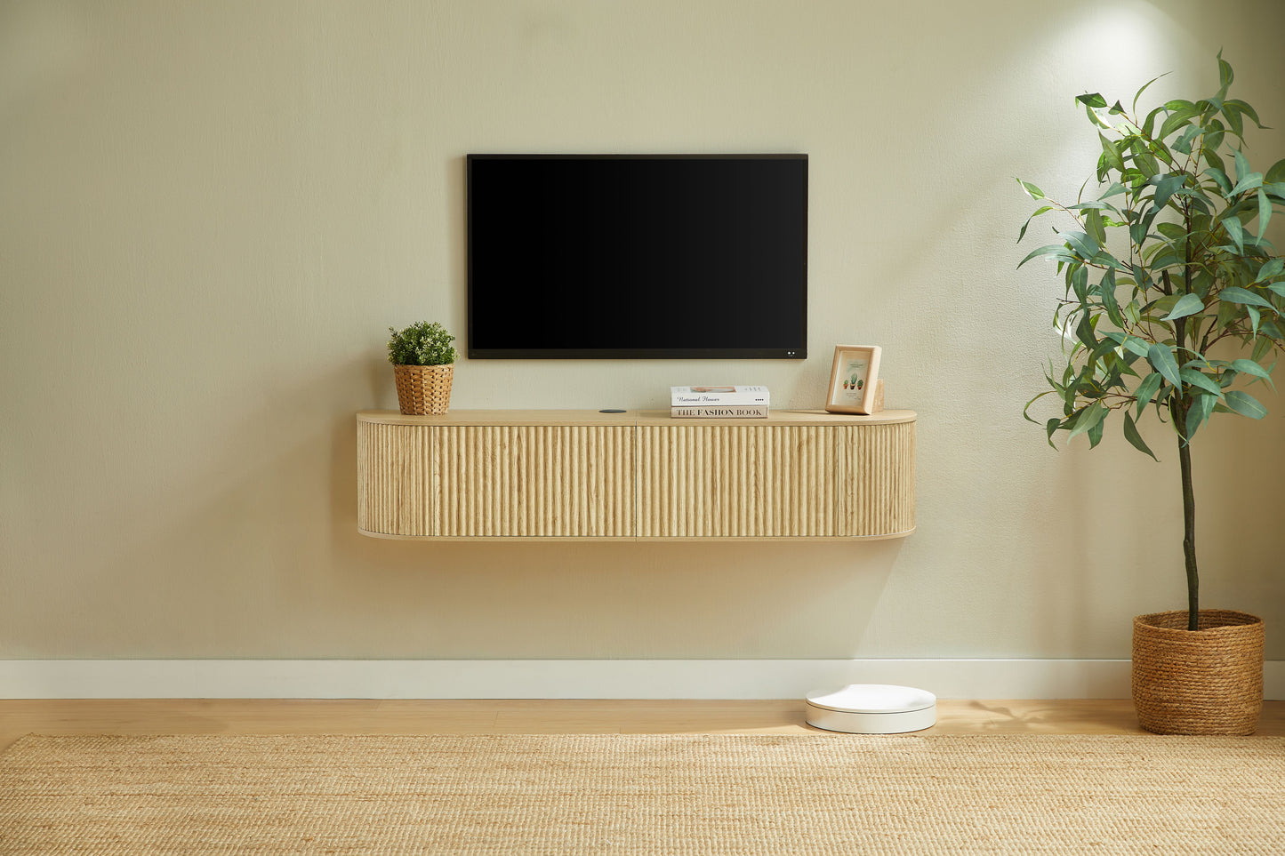55" Wall Mounted Floating TV Cabinet with Fluted Doors, Large Capacity Media Console with Cable Management Holes for Living Room Bedroom, Compatible with Various Home Styles,Naturaal image 10