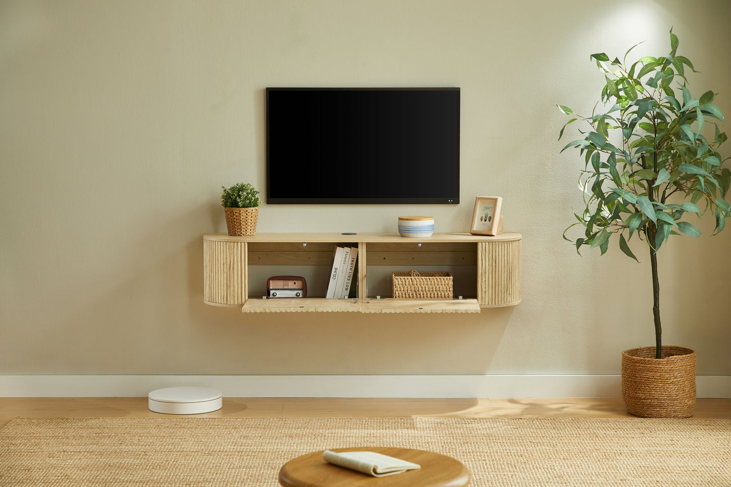 55" Wall Mounted Floating TV Cabinet with Fluted Doors, Large Capacity Media Console with Cable Management Holes for Living Room Bedroom, Compatible with Various Home Styles,Naturaal image 3