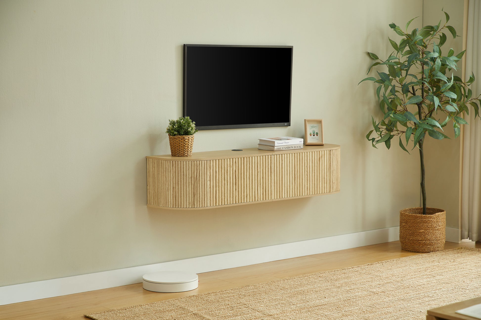 55" Wall Mounted Floating TV Cabinet with Fluted Doors, Large Capacity Media Console with Cable Management Holes for Living Room Bedroom, Compatible with Various Home Styles,Naturaal image 8