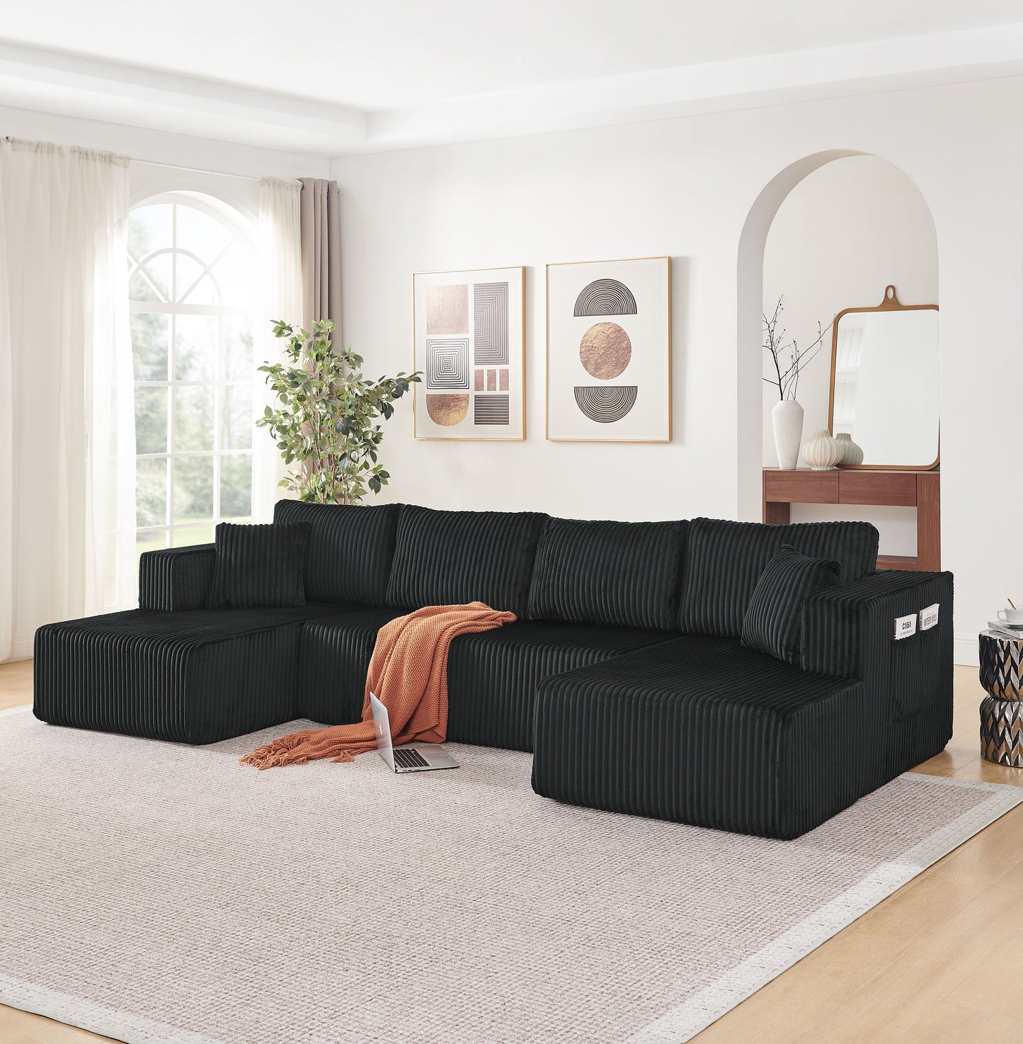 132" U Shaped Modular Sectional Sofa, Comfy Compressed Cloud Couch with Side Pockets, Modern Minimalist Corduroy Memory Foam Sleeper Sofa for Living Room, No Assembly Required,Black image 1