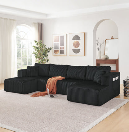 132" U Shaped Modular Sectional Sofa, Comfy Compressed Cloud Couch with Side Pockets, Modern Minimalist Corduroy Memory Foam Sleeper Sofa for Living Room, No Assembly Required,Black image 1