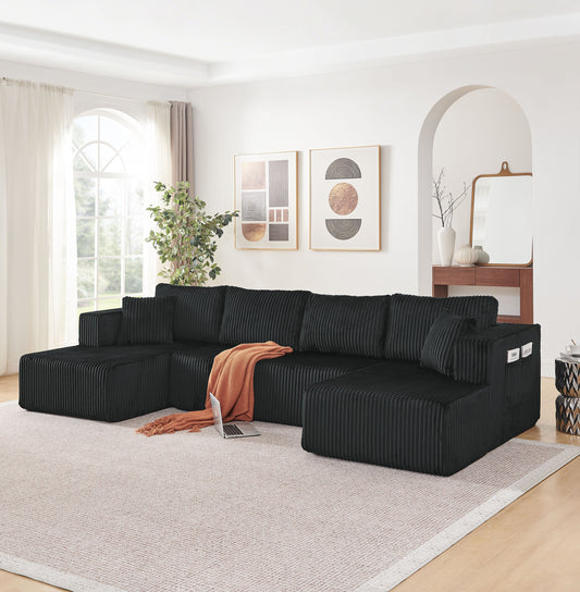 132" U Shaped Modular Sectional Sofa, Comfy Compressed Cloud Couch with Side Pockets, Modern Minimalist Corduroy Memory Foam Sleeper Sofa for Living Room, No Assembly Required,Black image 1