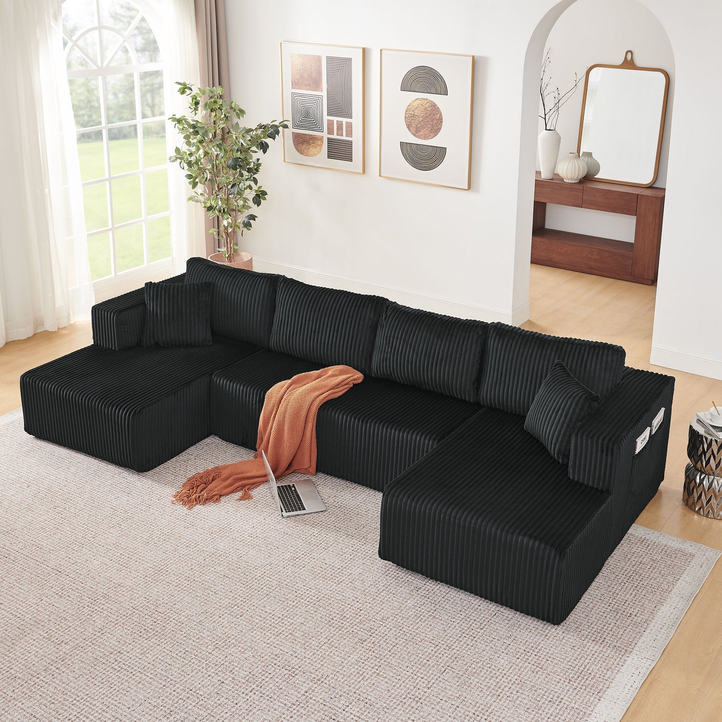 132" U Shaped Modular Sectional Sofa, Comfy Compressed Cloud Couch with Side Pockets, Modern Minimalist Corduroy Memory Foam Sleeper Sofa for Living Room, No Assembly Required,Black image 2
