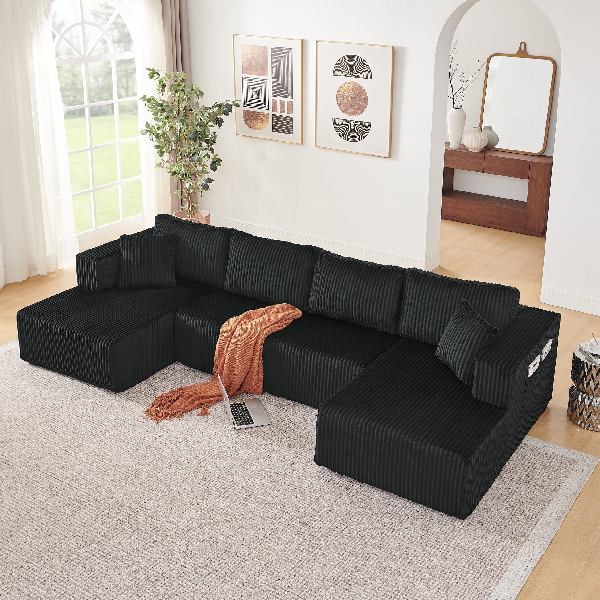 132" U Shaped Modular Sectional Sofa, Comfy Compressed Cloud Couch with Side Pockets, Modern Minimalist Corduroy Memory Foam Sleeper Sofa for Living Room, No Assembly Required,Black image 2