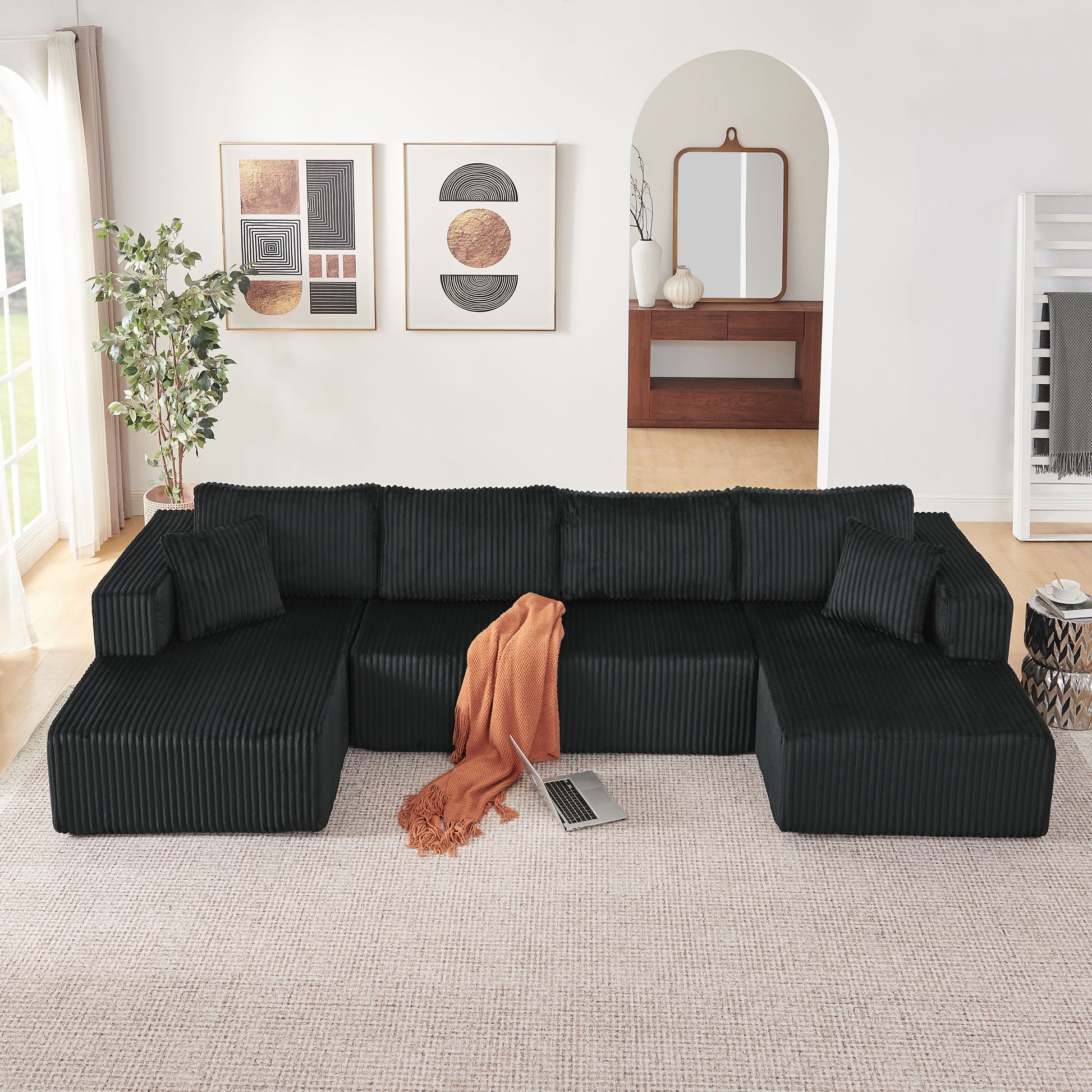 132" U Shaped Modular Sectional Sofa, Comfy Compressed Cloud Couch with Side Pockets, Modern Minimalist Corduroy Memory Foam Sleeper Sofa for Living Room, No Assembly Required,Black image 3