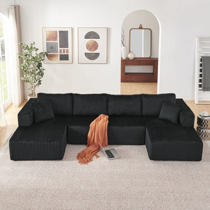 132" U Shaped Modular Sectional Sofa, Comfy Compressed Cloud Couch with Side Pockets, Modern Minimalist Corduroy Memory Foam Sleeper Sofa for Living Room, No Assembly Required,Black image 3