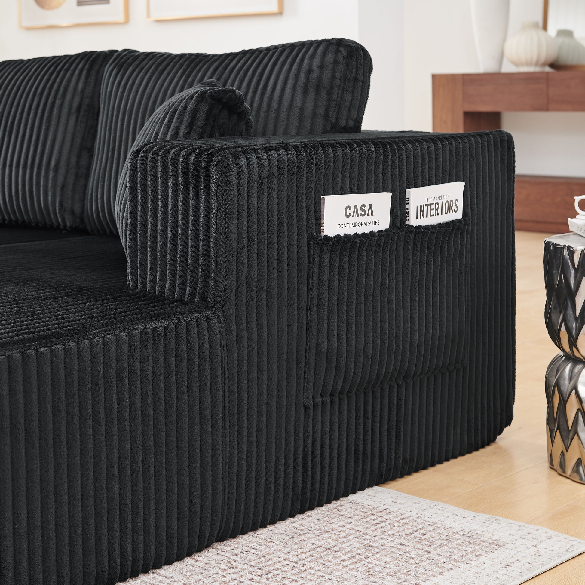 132" U Shaped Modular Sectional Sofa, Comfy Compressed Cloud Couch with Side Pockets, Modern Minimalist Corduroy Memory Foam Sleeper Sofa for Living Room, No Assembly Required,Black image 4