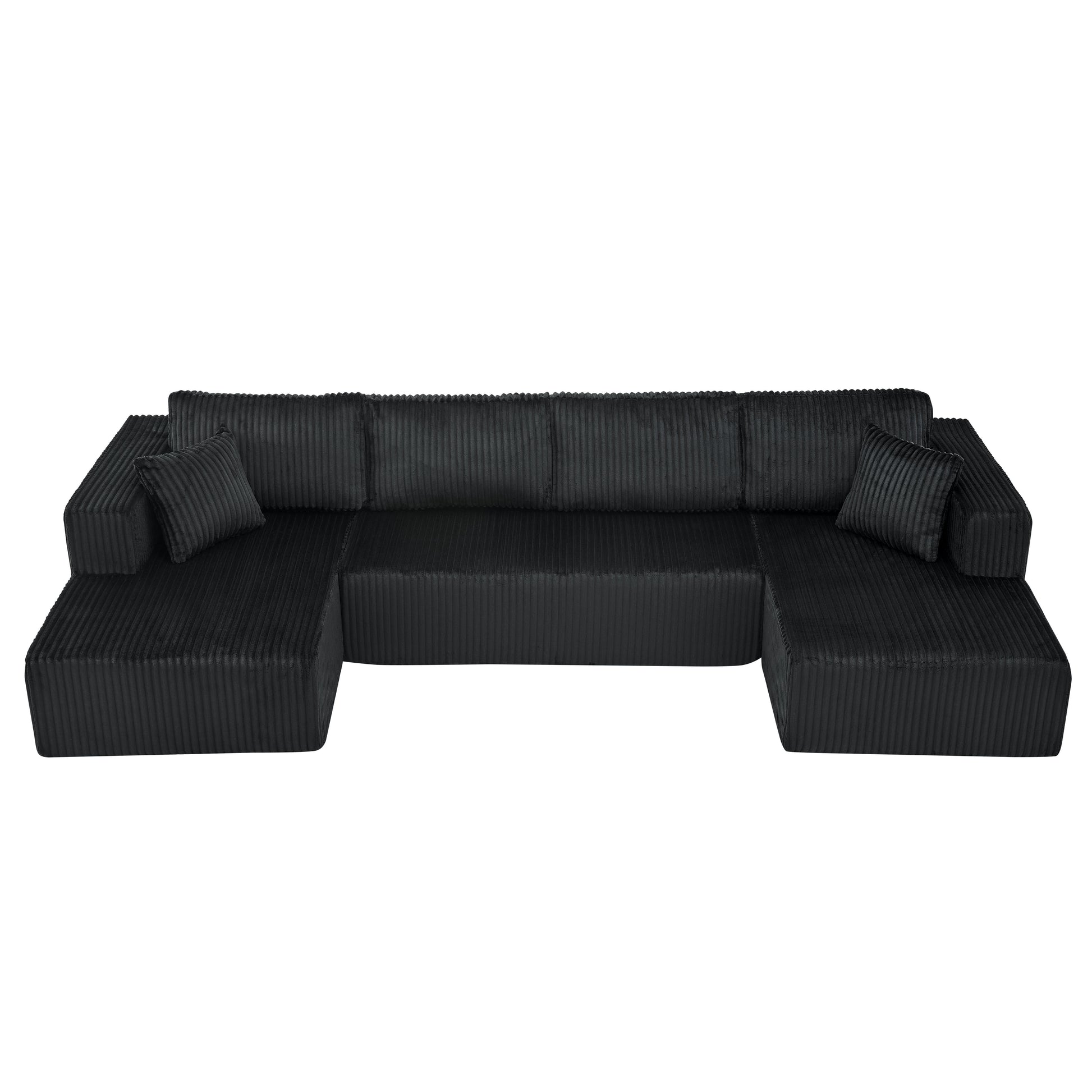 132" U Shaped Modular Sectional Sofa, Comfy Compressed Cloud Couch with Side Pockets, Modern Minimalist Corduroy Memory Foam Sleeper Sofa for Living Room, No Assembly Required,Black image 8