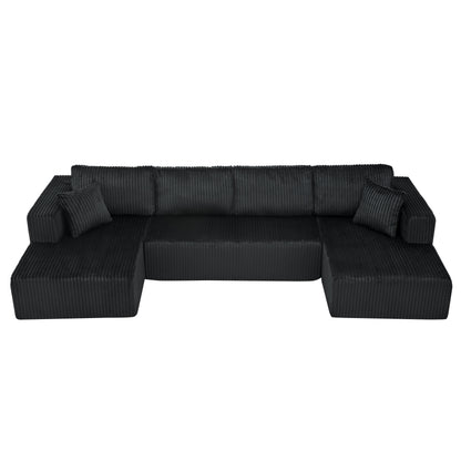 132" U Shaped Modular Sectional Sofa, Comfy Compressed Cloud Couch with Side Pockets, Modern Minimalist Corduroy Memory Foam Sleeper Sofa for Living Room, No Assembly Required,Black image 8