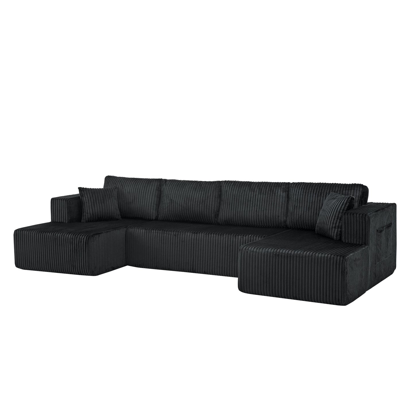 132" U Shaped Modular Sectional Sofa, Comfy Compressed Cloud Couch with Side Pockets, Modern Minimalist Corduroy Memory Foam Sleeper Sofa for Living Room, No Assembly Required,Black image 9
