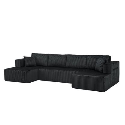 132" U Shaped Modular Sectional Sofa, Comfy Compressed Cloud Couch with Side Pockets, Modern Minimalist Corduroy Memory Foam Sleeper Sofa for Living Room, No Assembly Required,Black image 9
