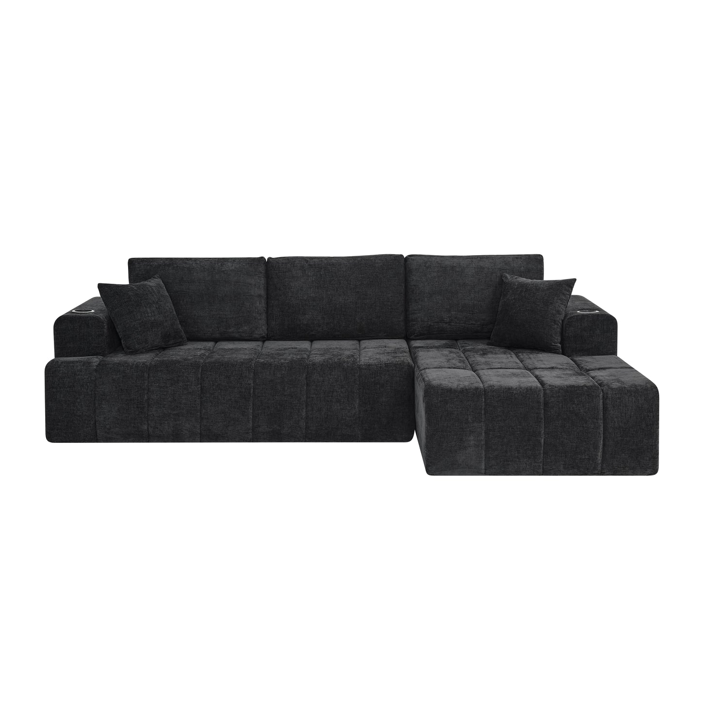 108" L-Shaped Chenille Sectional Sofa, Cloud Style Boneless Sofa with Chaise, Modern Upholstered Couch with Cup Holders & Side Pockets, Compression Sofa for Living Room, No Assembly Required, Black image 10