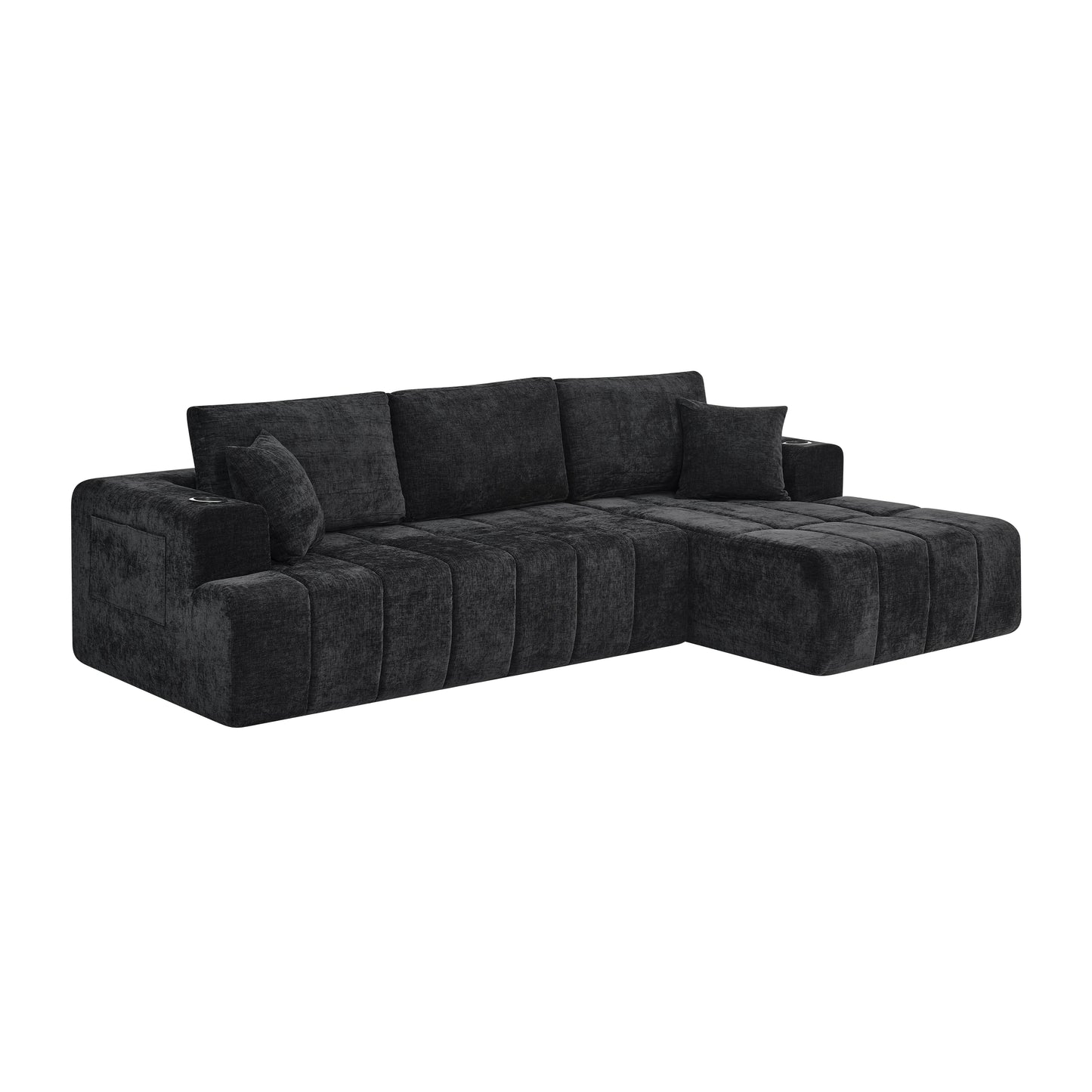 108" L-Shaped Chenille Sectional Sofa, Cloud Style Boneless Sofa with Chaise, Modern Upholstered Couch with Cup Holders & Side Pockets, Compression Sofa for Living Room, No Assembly Required, Black image 11