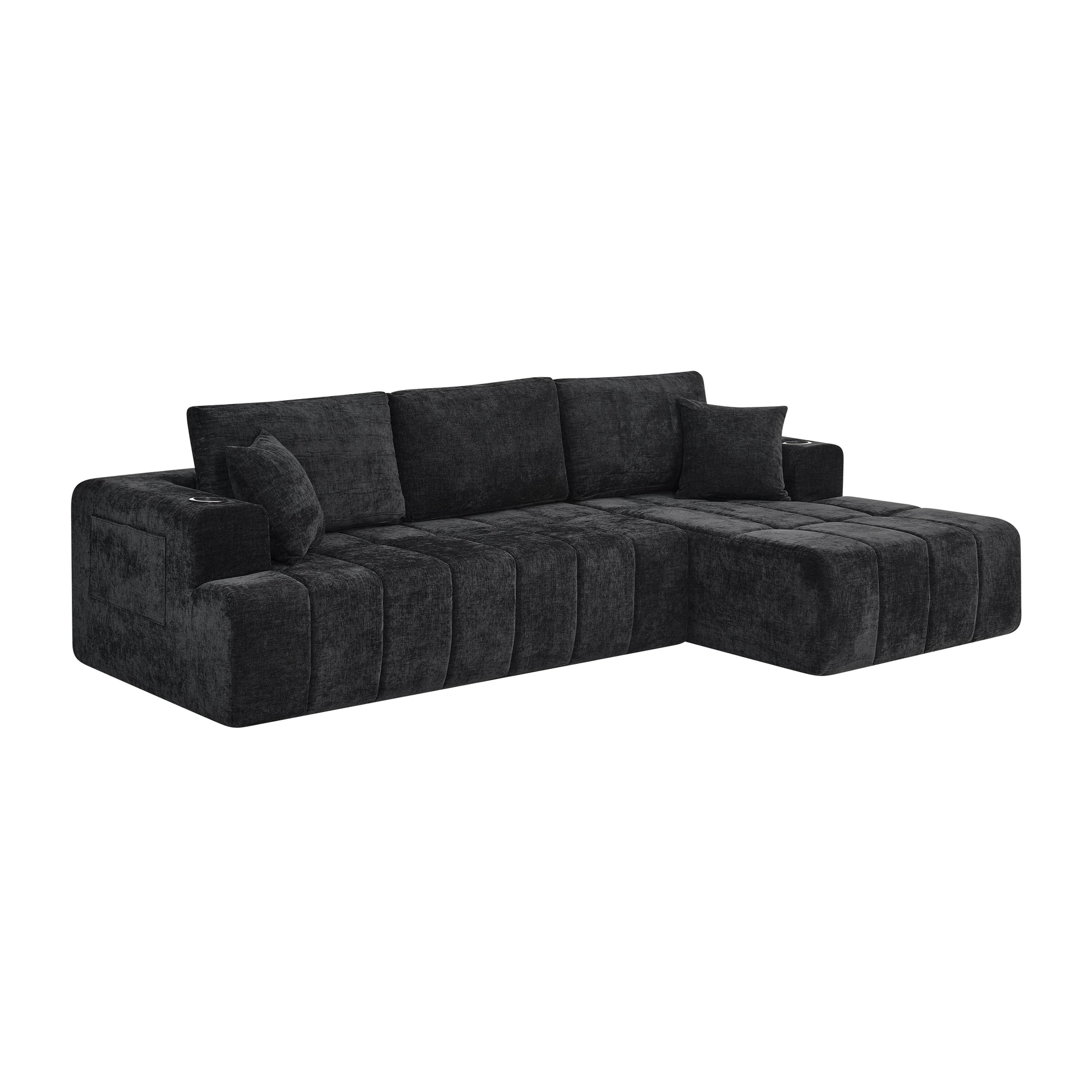108" L-Shaped Chenille Sectional Sofa, Cloud Style Boneless Sofa with Chaise, Modern Upholstered Couch with Cup Holders & Side Pockets, Compression Sofa for Living Room, No Assembly Required, Black image 11