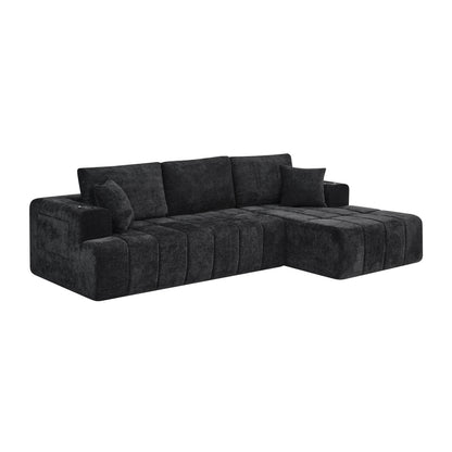 108" L-Shaped Chenille Sectional Sofa, Cloud Style Boneless Sofa with Chaise, Modern Upholstered Couch with Cup Holders & Side Pockets, Compression Sofa for Living Room, No Assembly Required, Black image 11